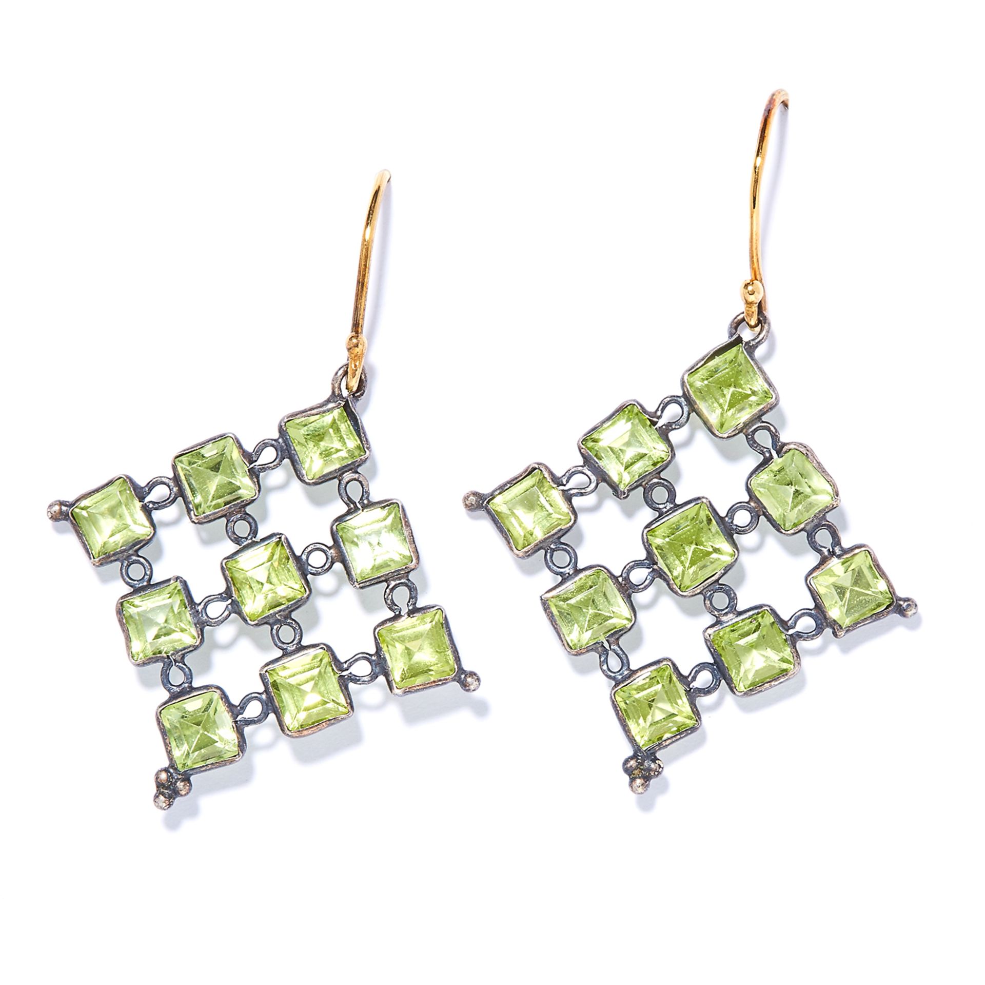 PERIDOT EARRINGS each of openwork diamond shaped design set with peridot, unmarked, 4.1cm, 3.0g.