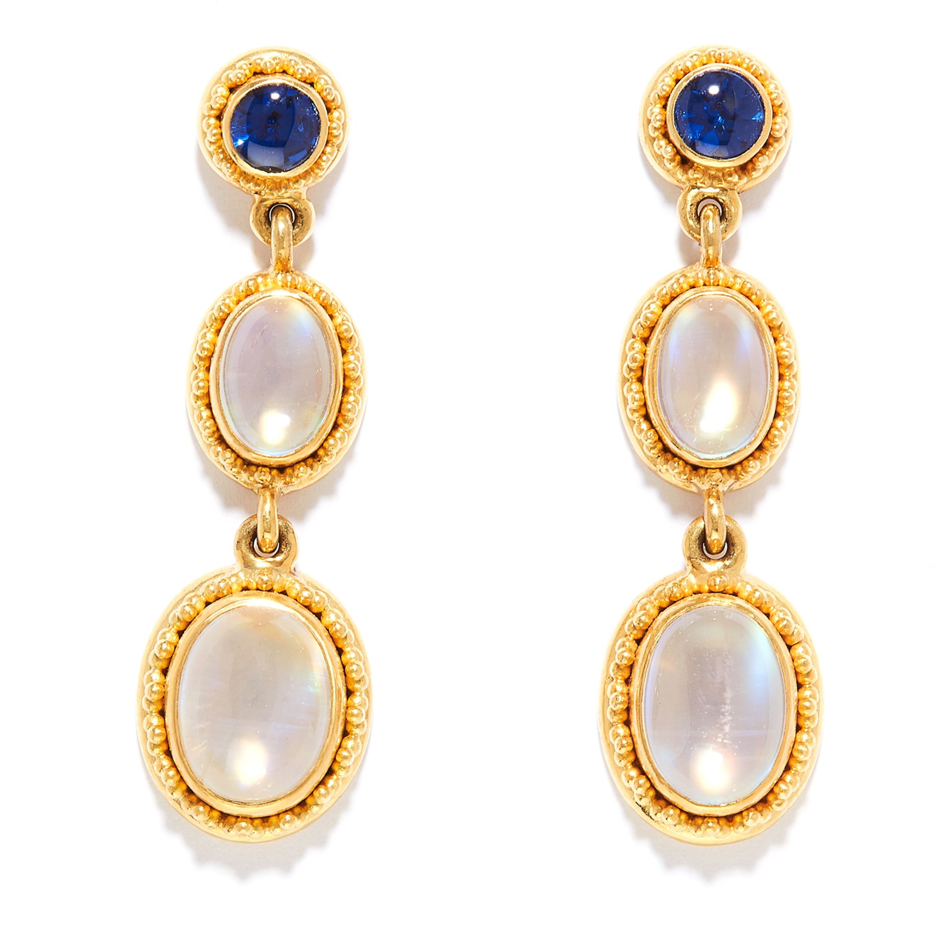 MOONSTONE AND SAPPHIRE DROP EARRINGS in 22ct yellow gold, the three articulated links set with
