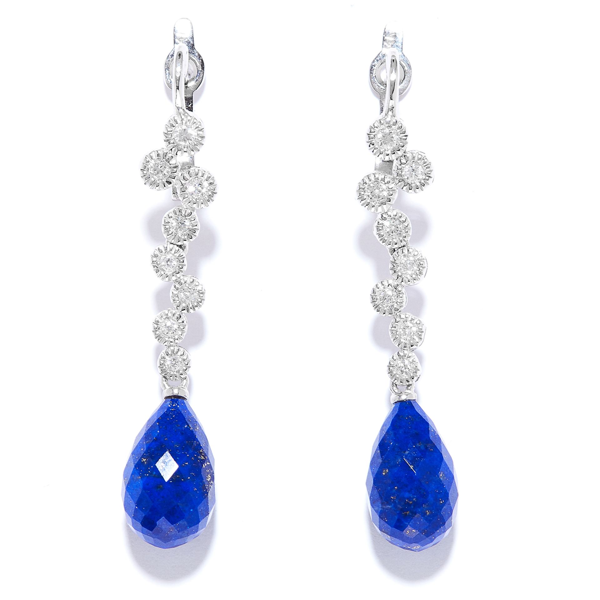 LAPIS LAZULI AND DIAMOND EARRINGS in 14ct white gold, each set with a lapis lazuli briolette below a
