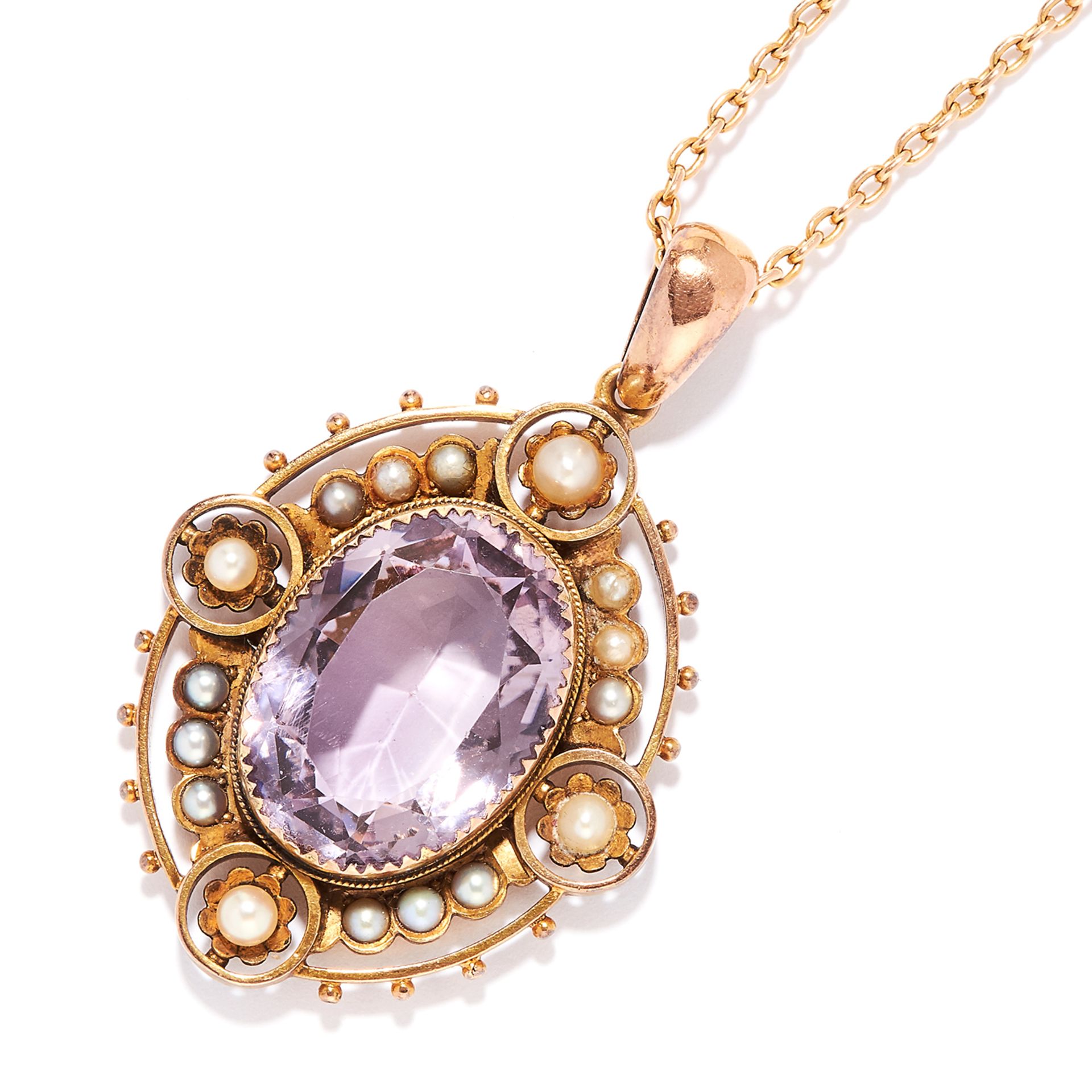 ANTIQUE AMETHYST AND PEARL PENDANT AND CHAIN in 15ct yellow gold, oval cut amethyst within a