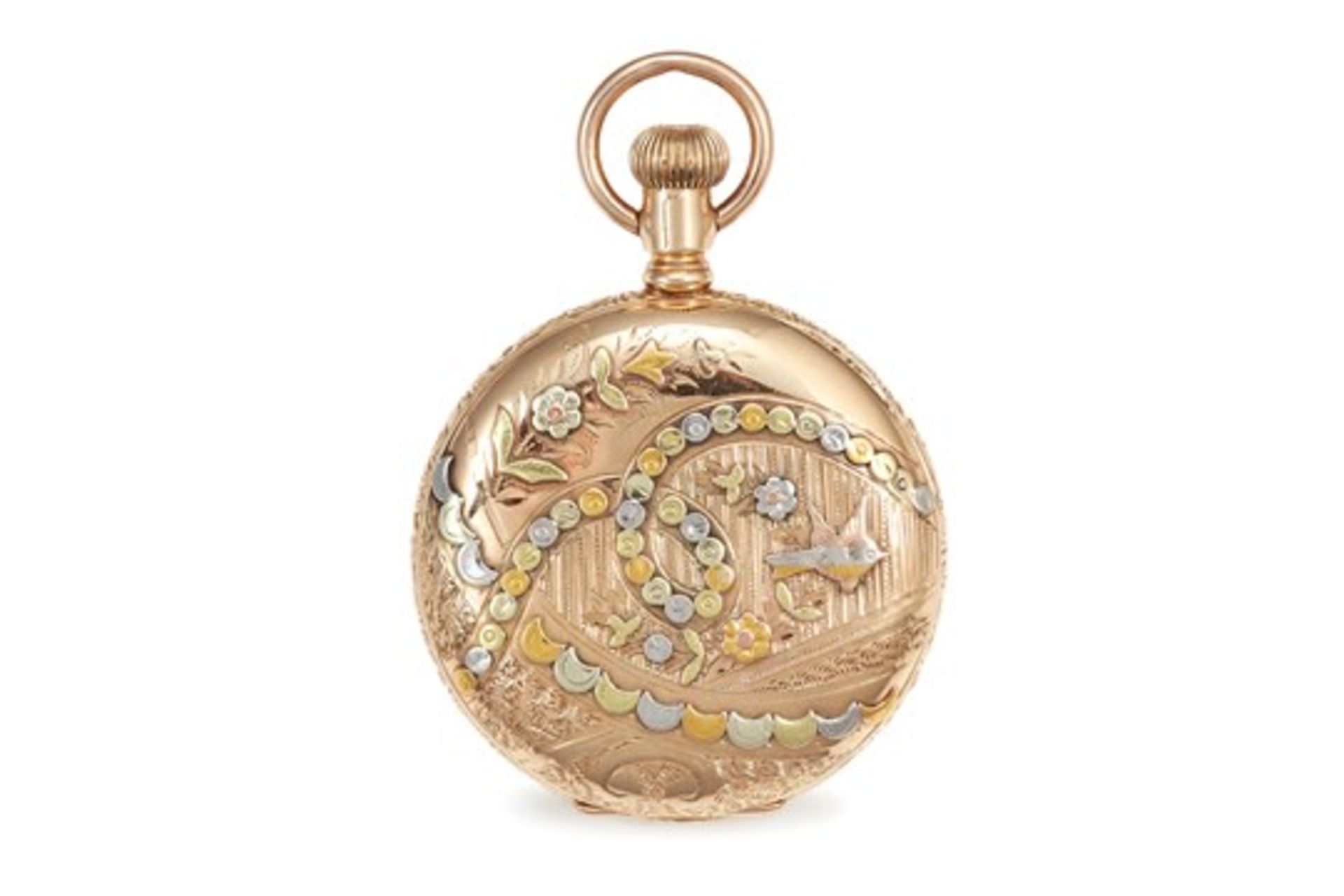 AN ANTIQUE POCKET WATCH, WALTHAM in 14ct gold, the circular case decorated with varicoloured gold