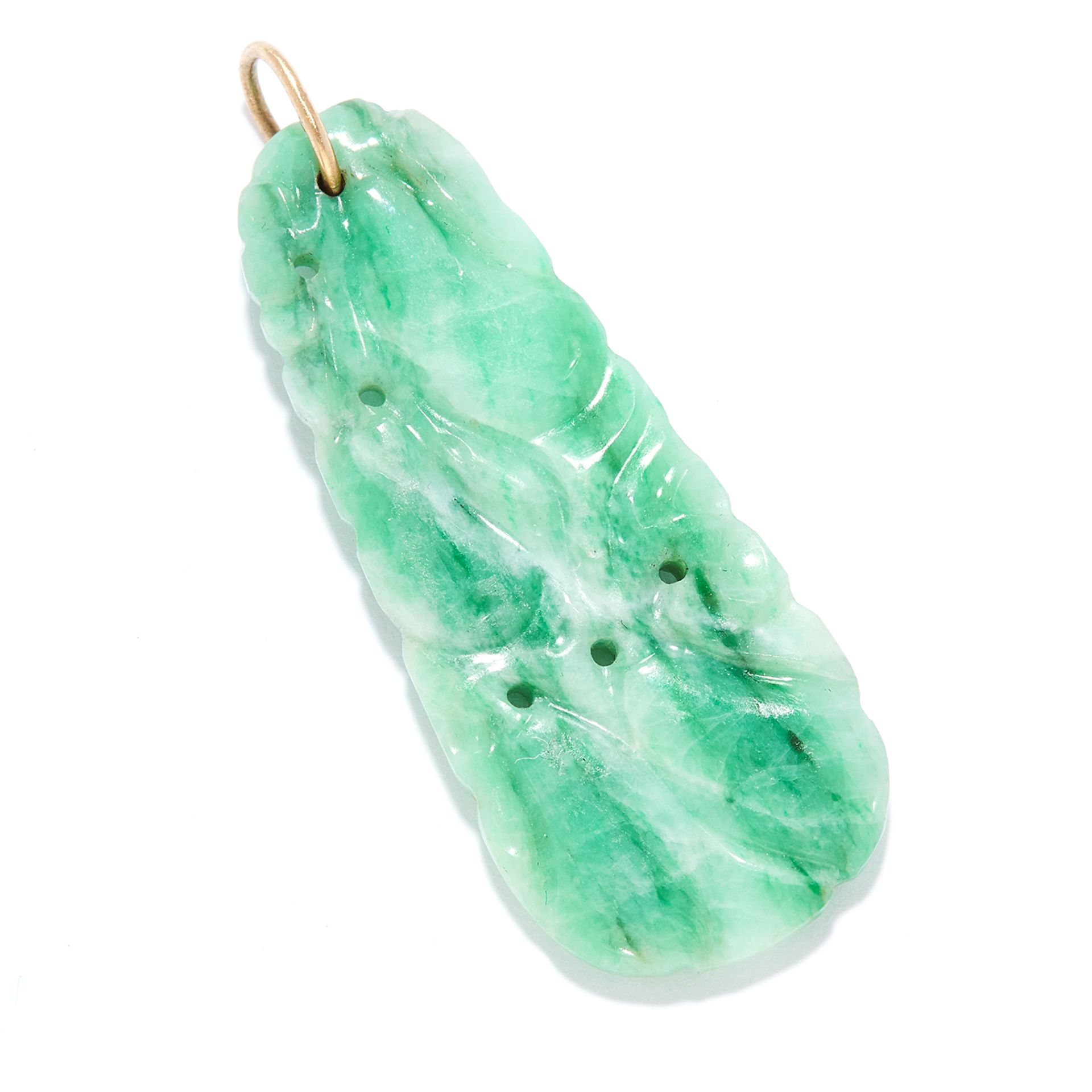 CHINESE CARVED JADEITE JADE PENDANT the tapering jade body carved in foliate motifs, 3.8cm,