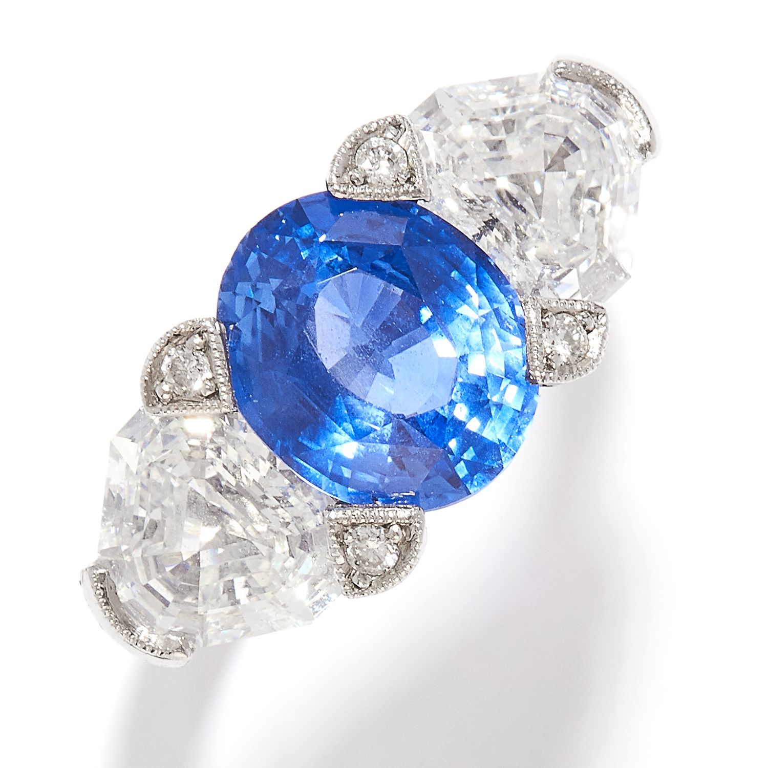 3.80 CEYLON NO HEAT SAPPHIRE AND DIAMOND RING in platinum, the oval cut sapphire of 3.80 carats