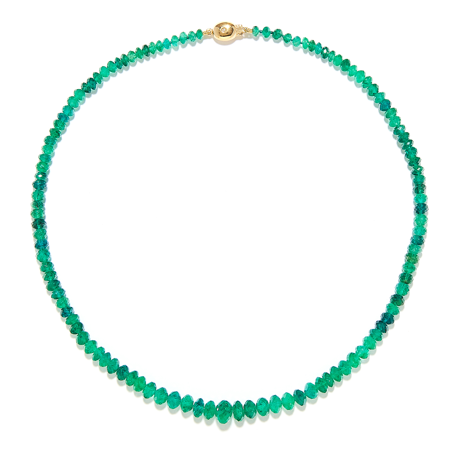 EMERALD BEAD AND DIAMOND NECKLACE in 18ct yellow gold, comprising a row of one hundred and sixteen