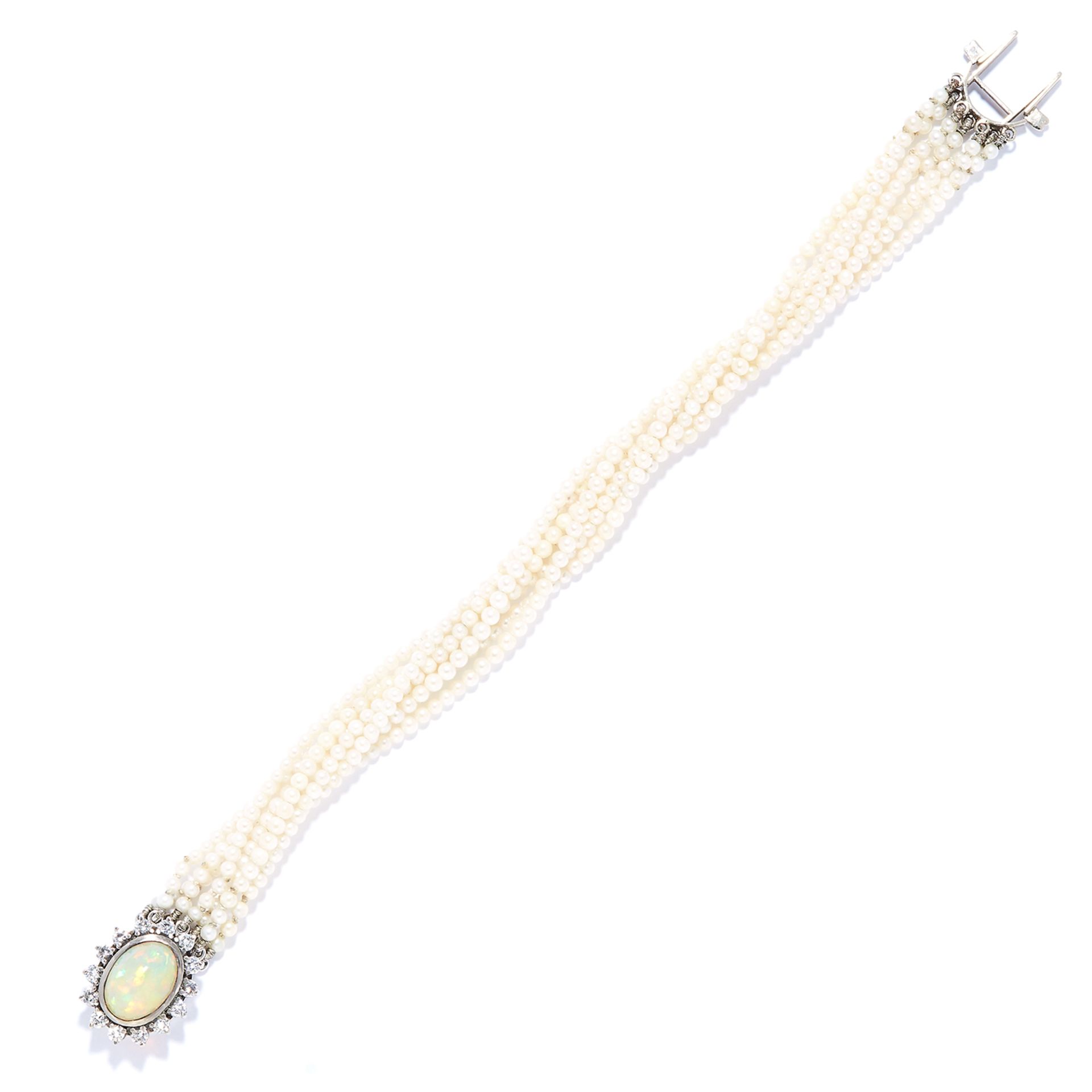 PEARL, OPAL AND DIAMOND BRACELET in white gold or platinum, comprising of seven rows of pearls