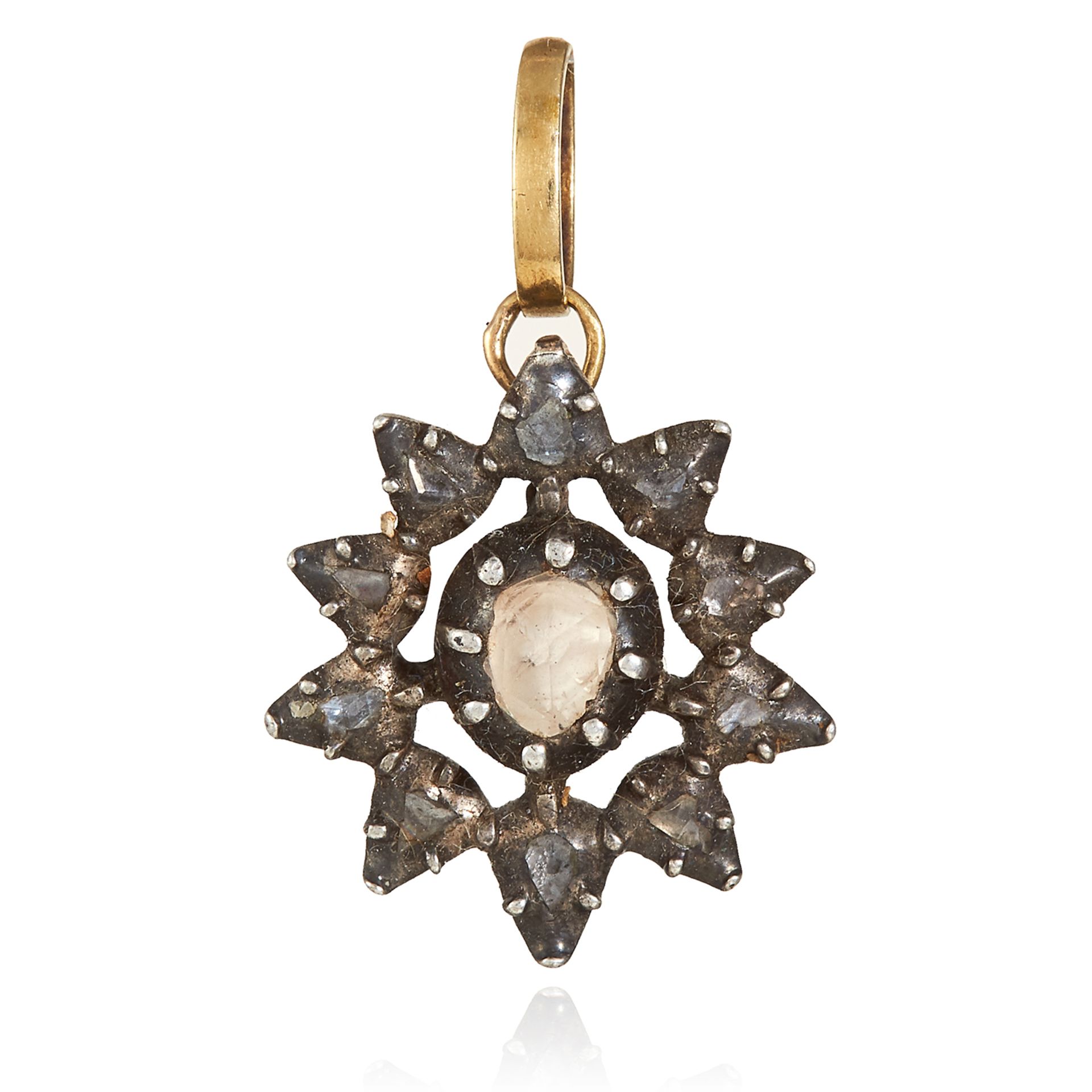 AN ANTIQUE DIAMOND PENDANT, DUTCH 19TH CENTURY in yellow gold and silver, set with rose cut