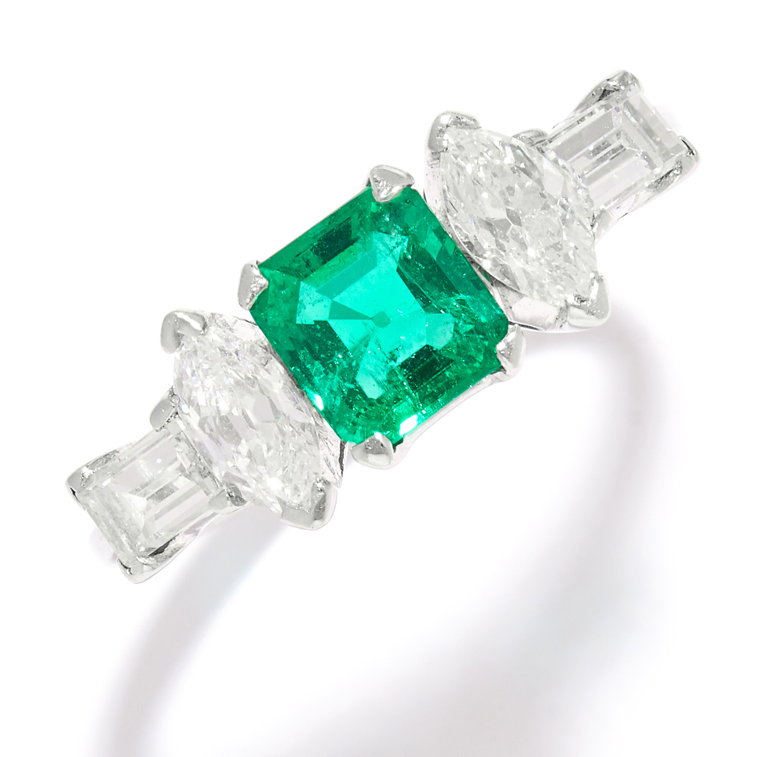 COLOMBIAN EMERALD AND DIAMOND RING in platinum, the step cut emerald of 1.0 carats between
