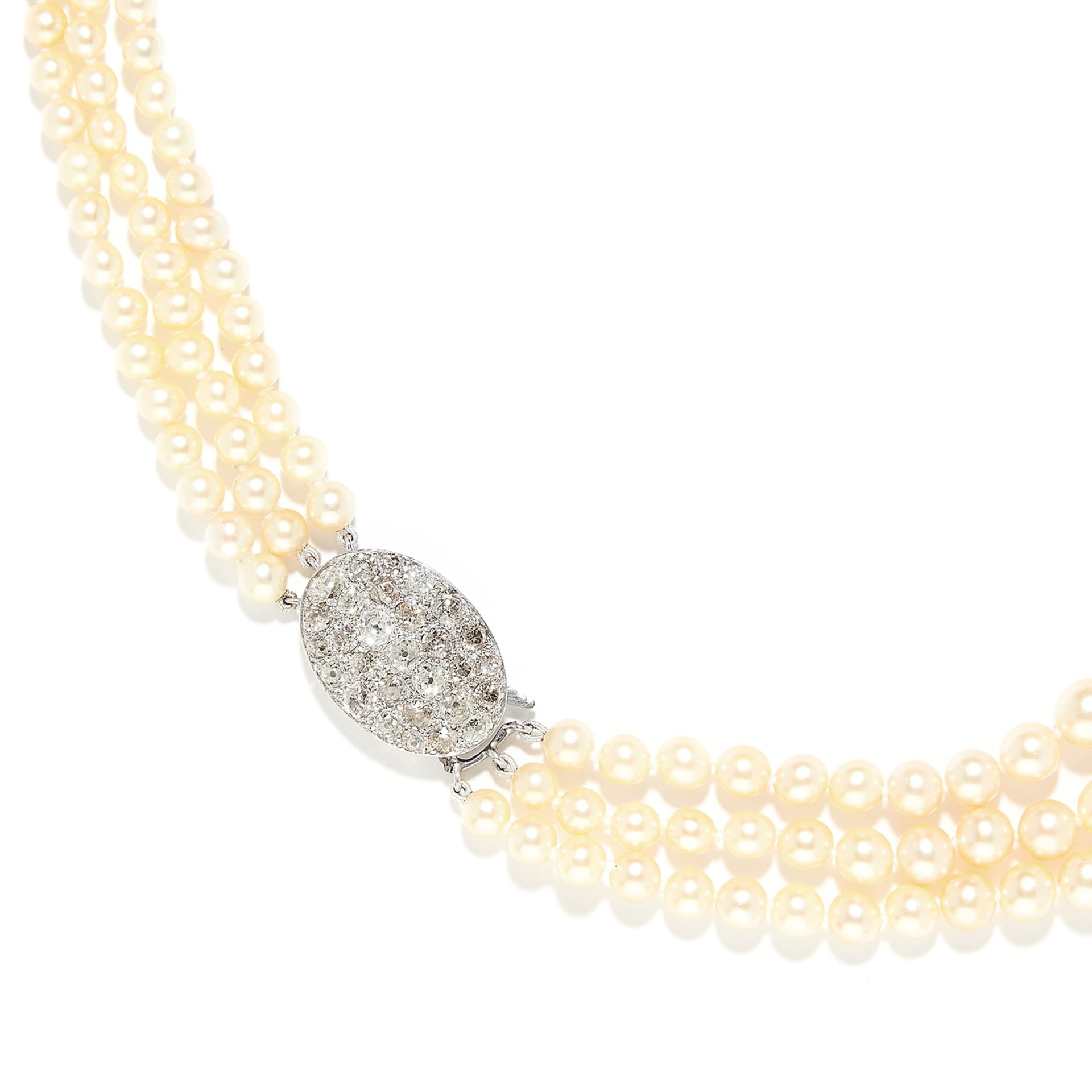 THREE ROW PEARL AND DIAMOND NECKLACE in white gold or platinum, comprising three rows of graduated