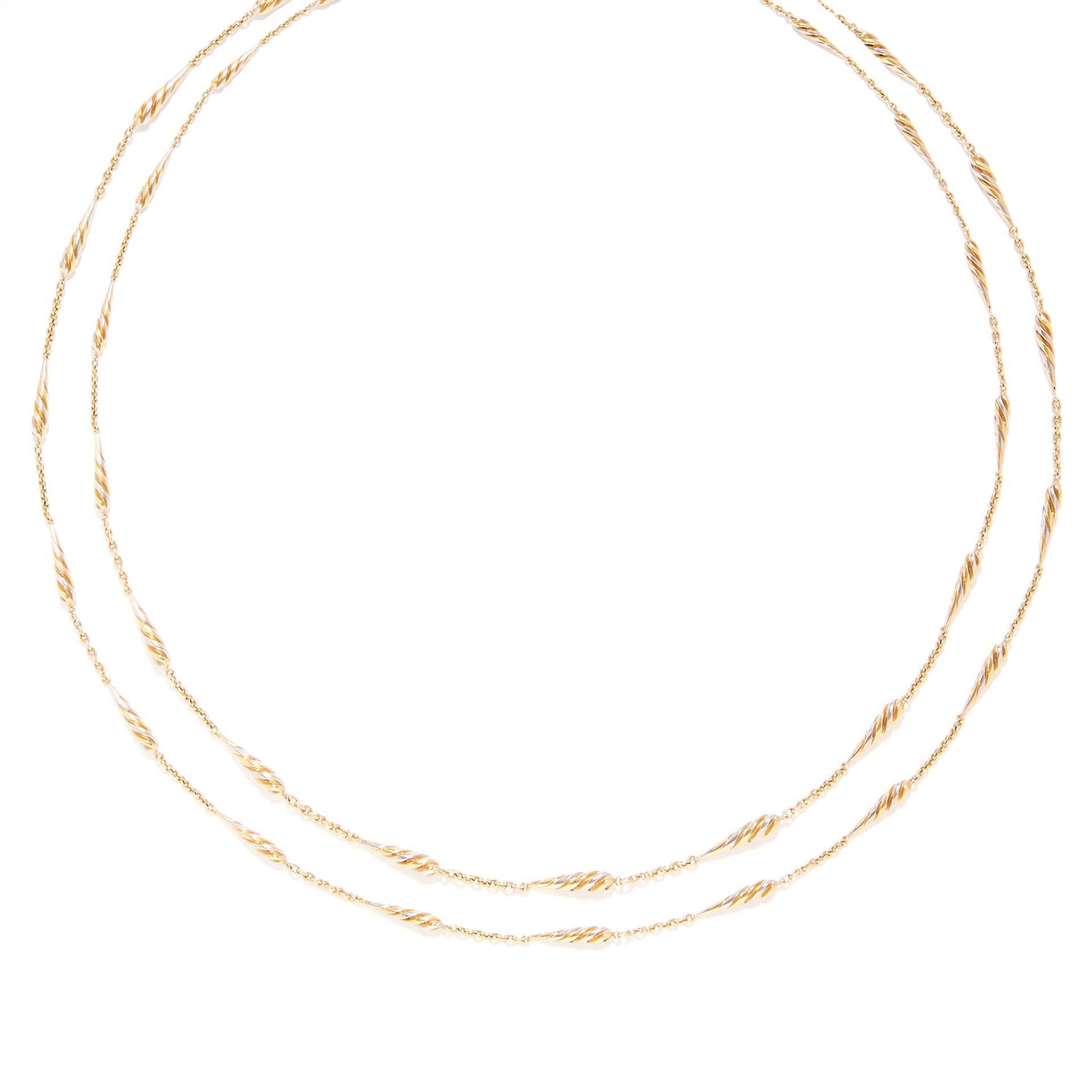 FANCY LINK LONGCHAIN SAUTOIR NECKLACE in platinum and 18ct yellow gold, 155.0cm, 51.5g.