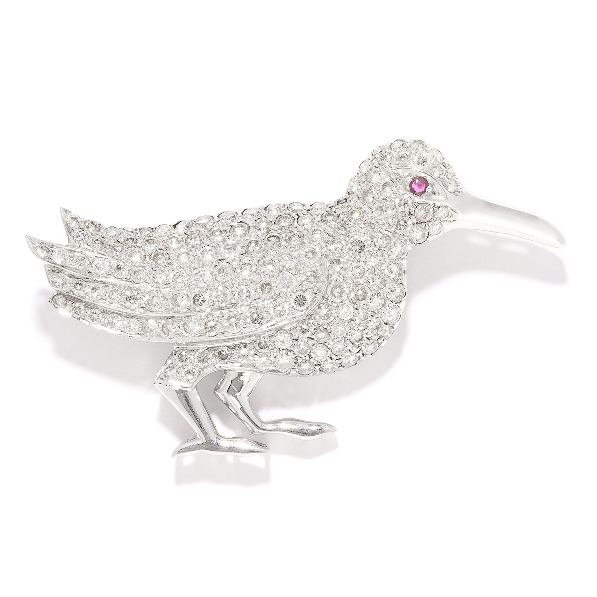 RUBY AND DIAMOND BIRD BROOCH in 18ct white gold, designed as a bird, its body jewelled with round