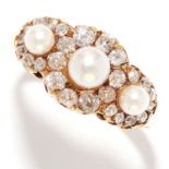 PEARL AND DIAMOND DRESS RING in 18ct yellow gold, set with three pearls in a cluster of old cut