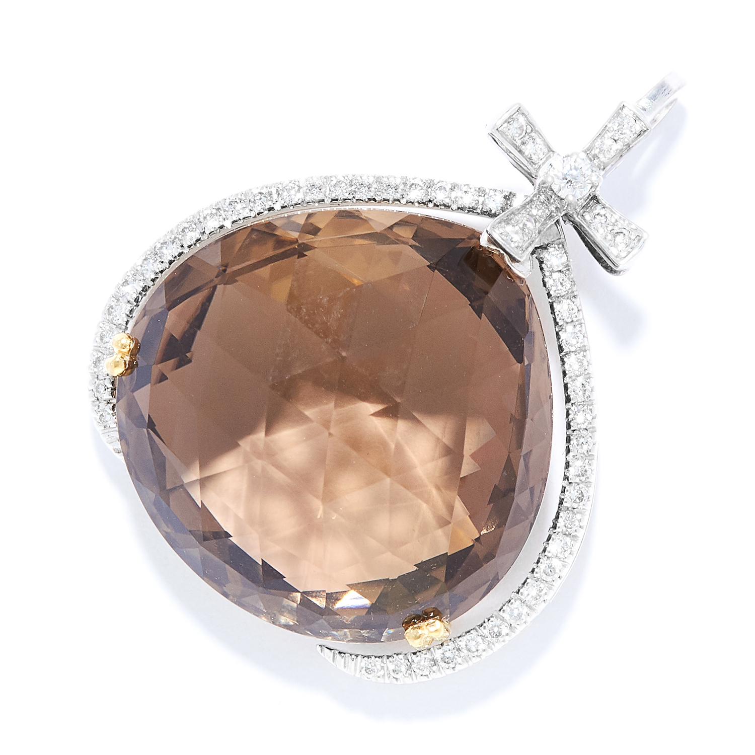 SMOKY QUARTZ AND DIAMOND PENDANT in 18ct white and yellow gold, the pear shaped smoky quartz