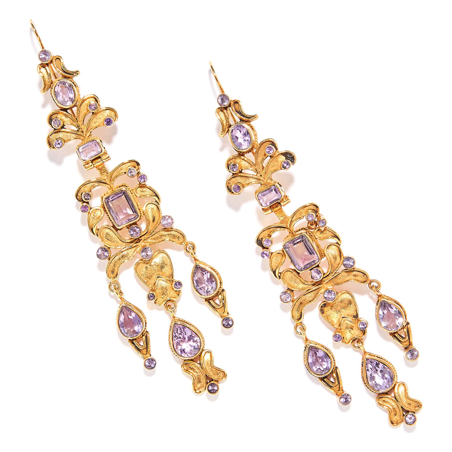 ANTIQUE AMETHYST EARRINGS, SPANISH 19TH CENTURY in high carat yellow gold, articulated foliate