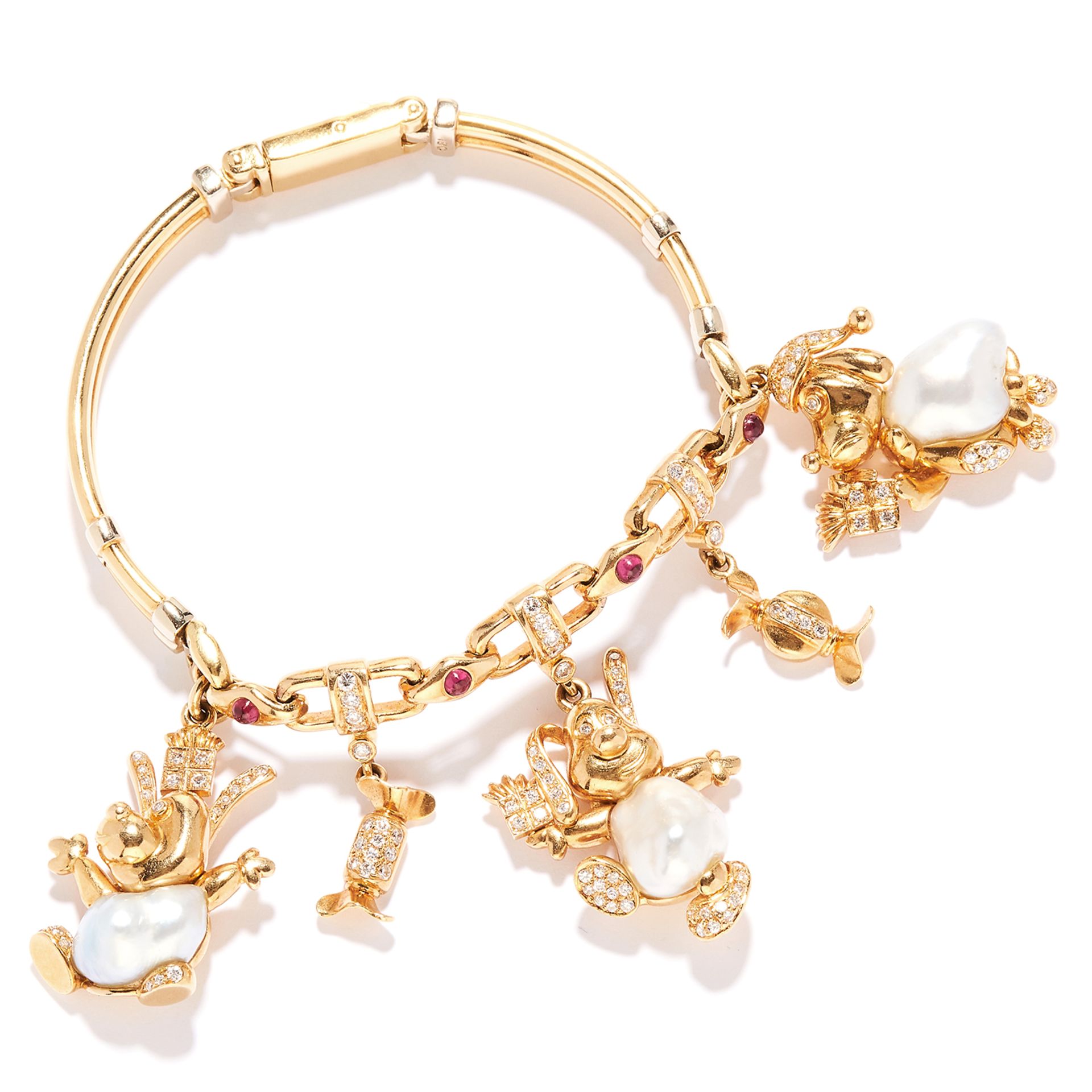 PEARL, RUBY AND DIAMOND CHARM BRACELET in 18ct yellow gold, the fancy link bracelet suspending