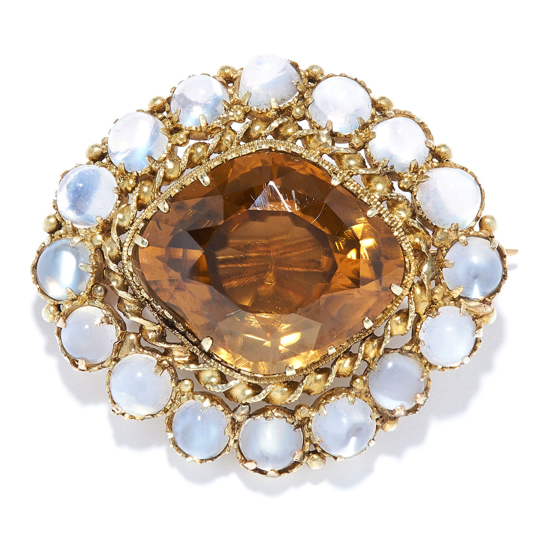 AN ANTIQUE MOONSTONE AND ZIRCON BROOCH in high carat yellow gold, set with a cushion cut zircon