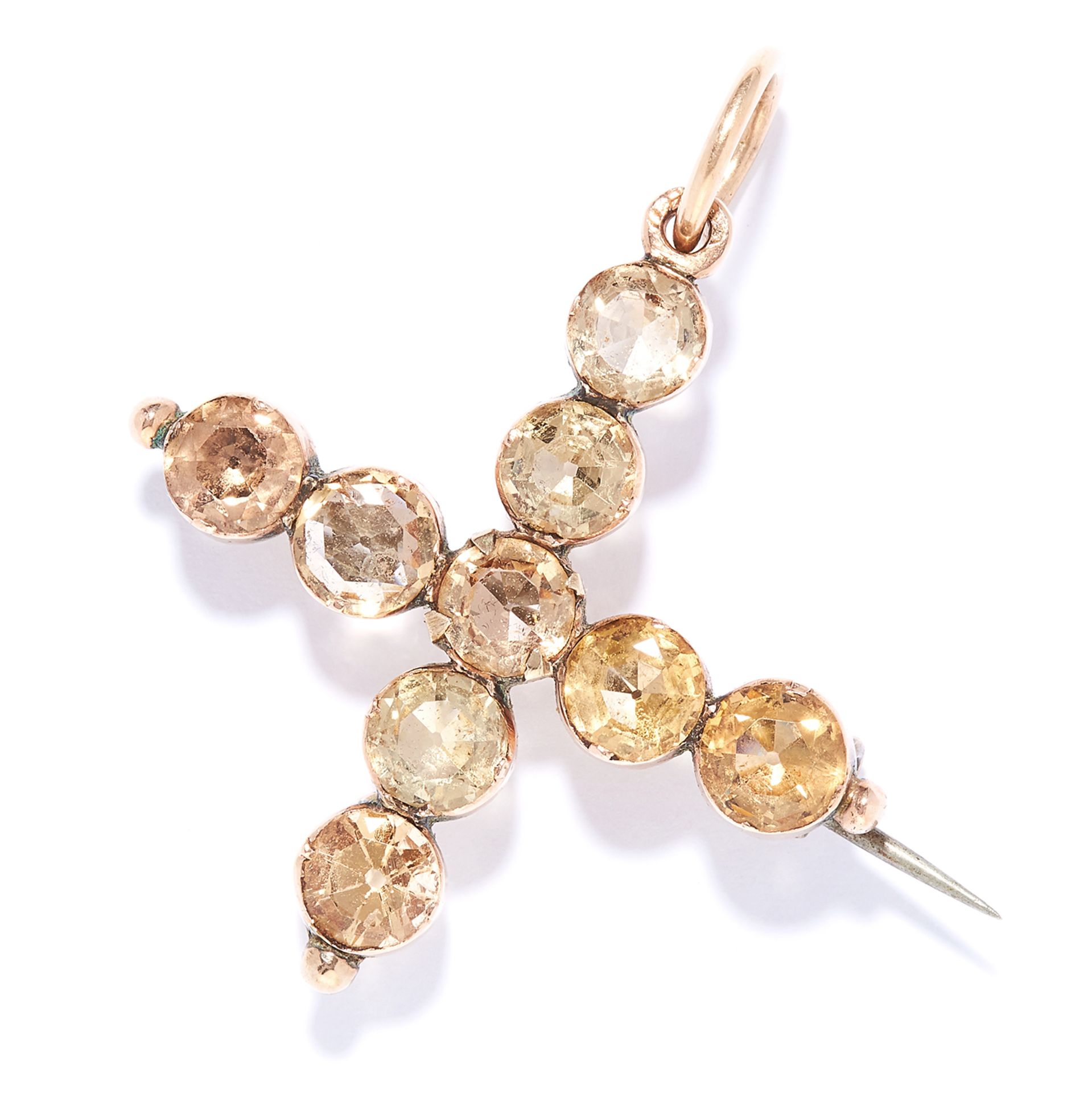 ANTIQUE TOPAZ CROSS BROOCH / PENDANT in high carat yellow gold, set with round cut topaz,