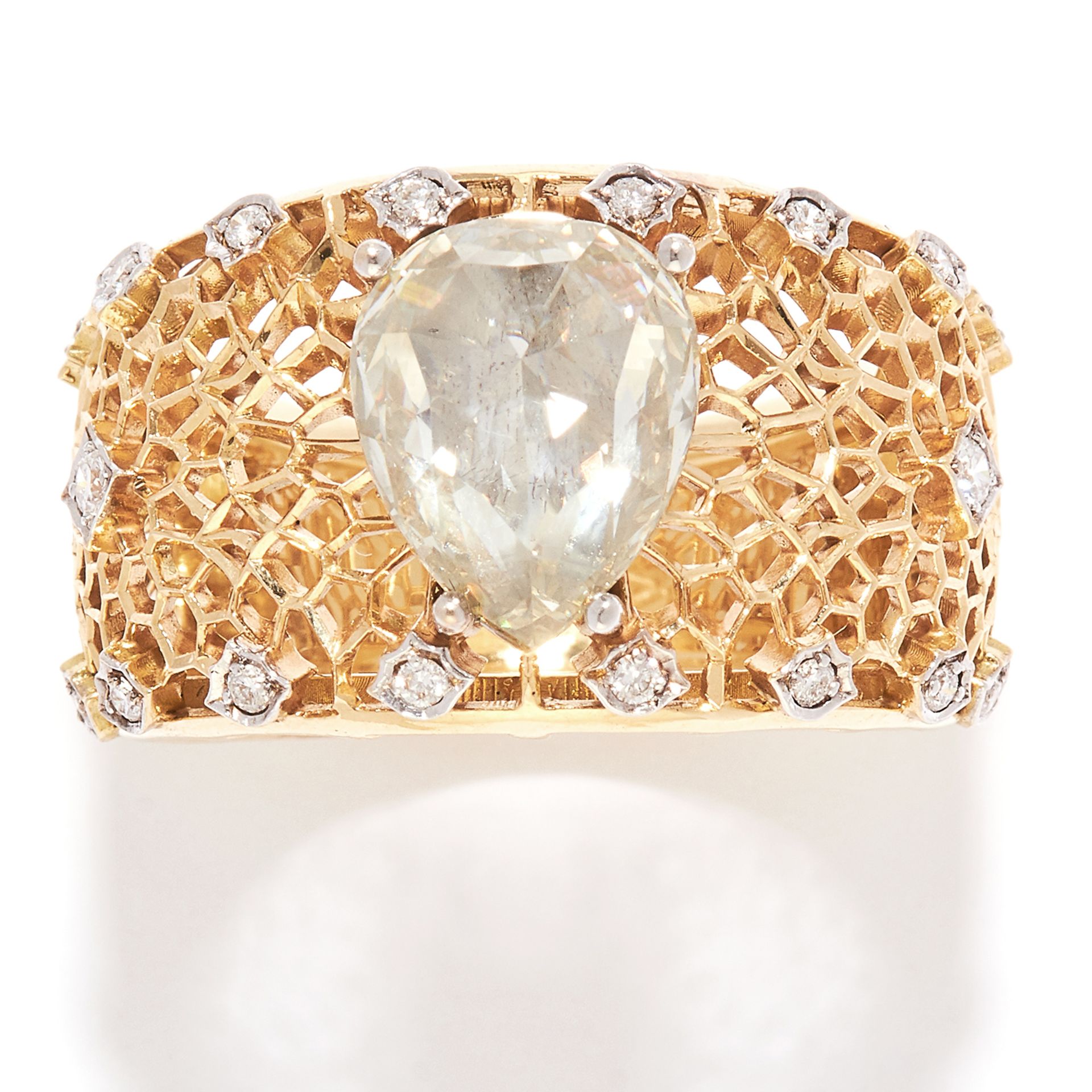 VINTAGE DIAMOND DRESS RING in 18ct yellow gold, the large band with openwork design, set with a pear