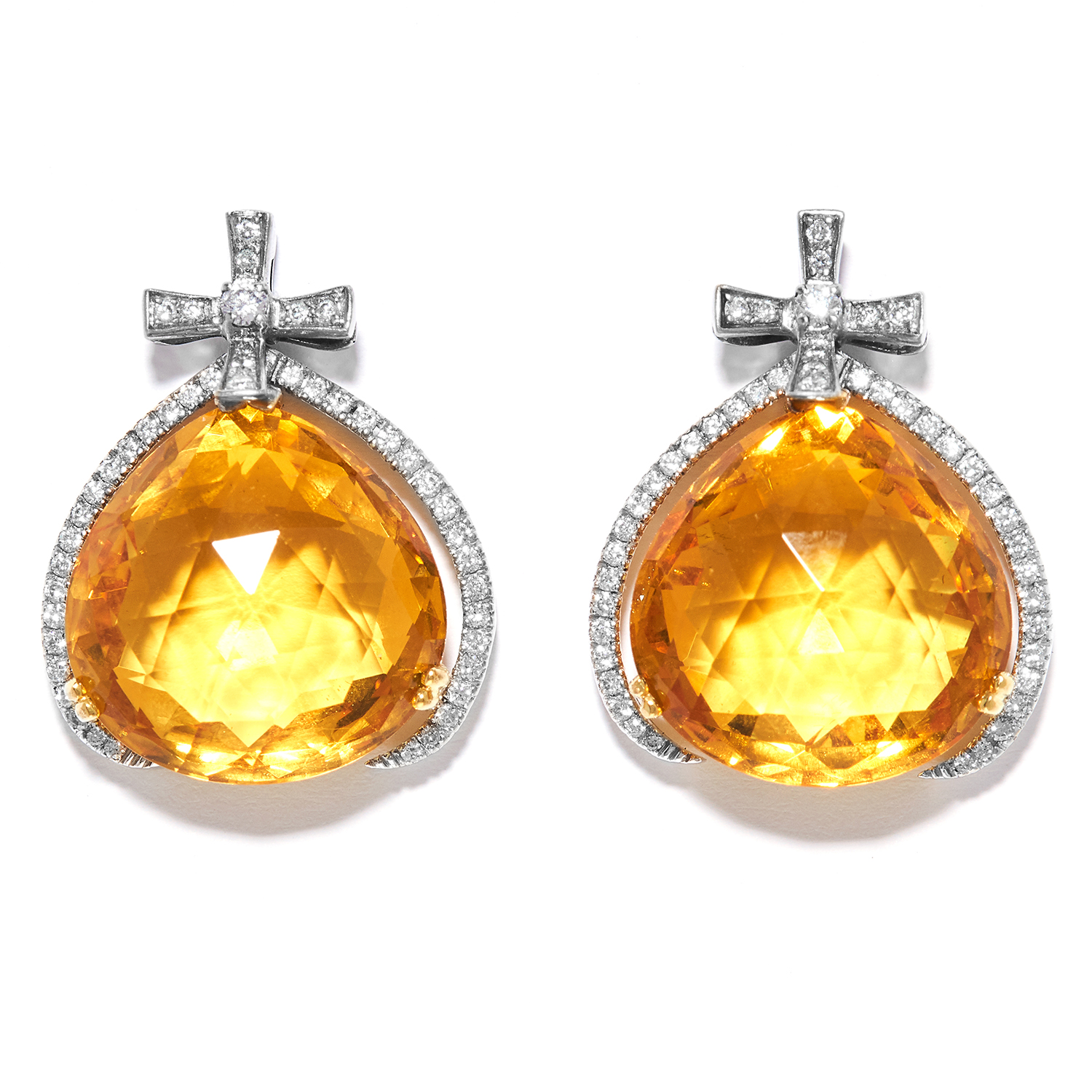 CITRINE AND DIAMOND EARRINGS in 18ct white and yellow gold, the pear shaped citrines suspended