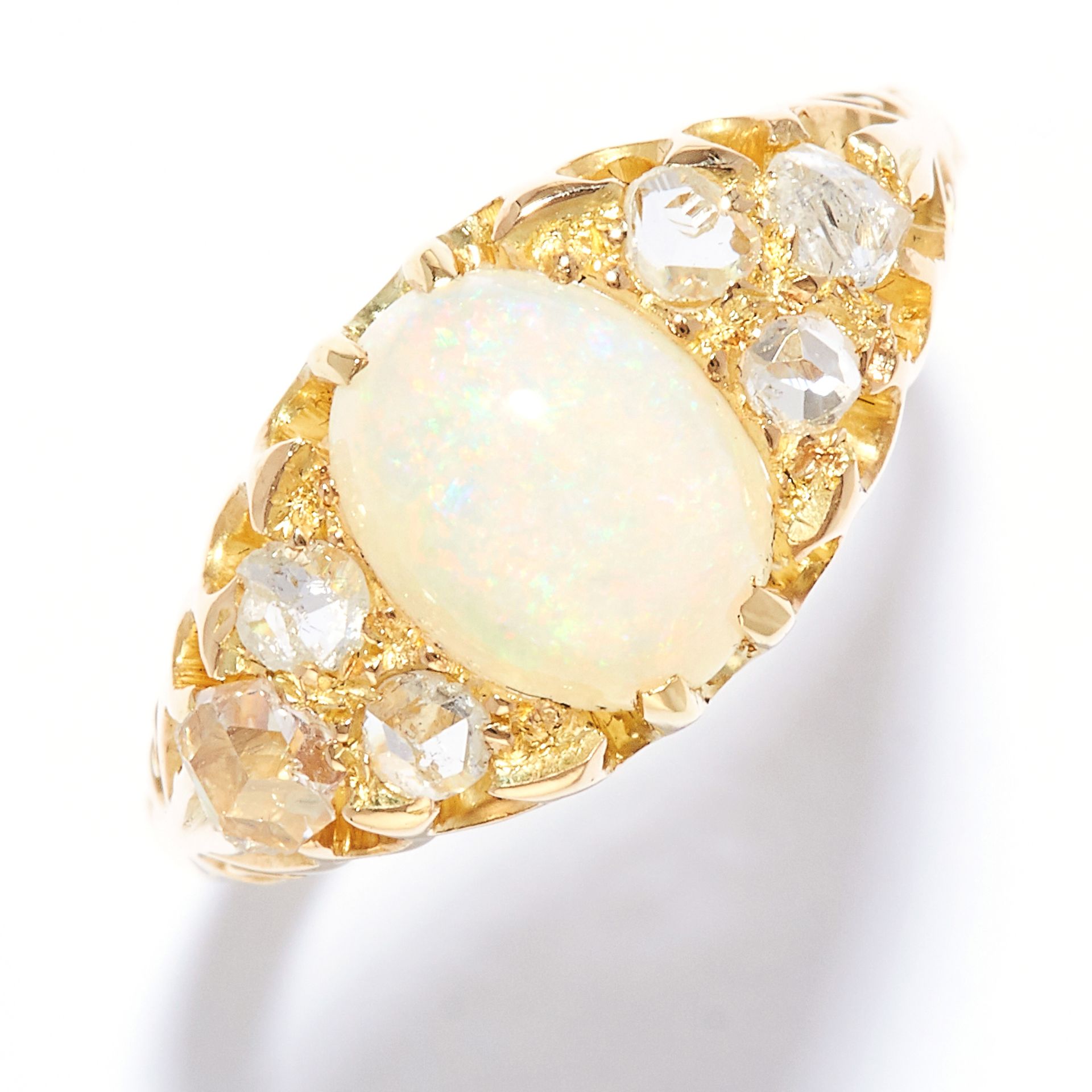 ANTIQUE OPAL AND DIAMOND DRESS RING in high carat yellow gold, set with a cabochon opal and rose cut