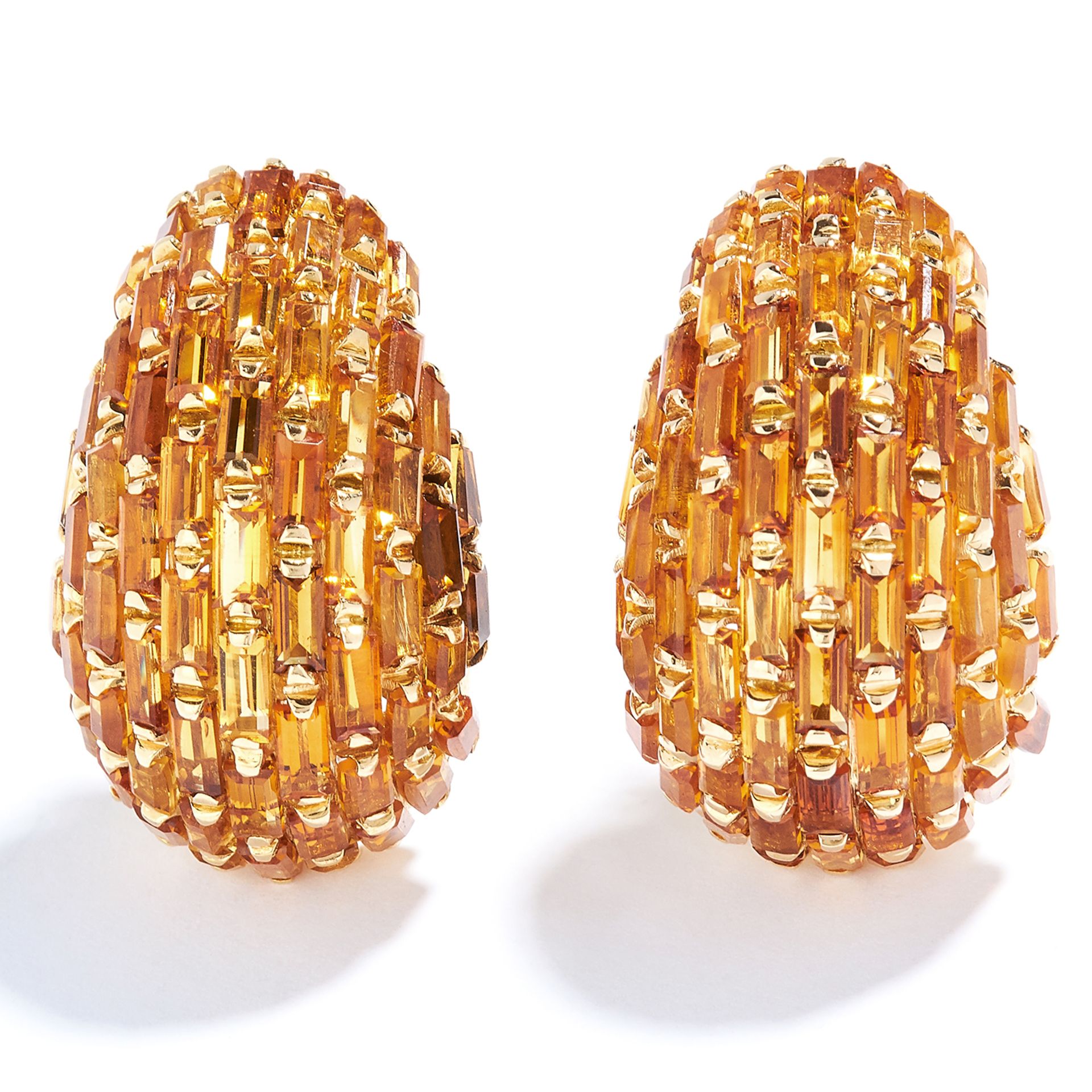 VINTAGE MADEIRA CITRINE CLIP EARRINGS in 18ct yellow gold, set allover with baguette cut citrines,