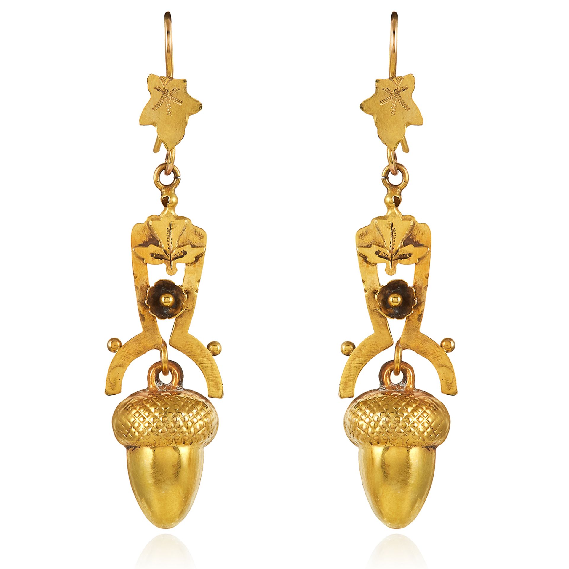 A PAIR OF ANTIQUE ARTICULATED ACORN EARRINGS, 19TH CENTURY in high carat yellow gold, each