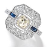 DIAMOND AND SAPPHIRE DRESS RING in 18ct white gold, in Art Deco design, set with an old cut