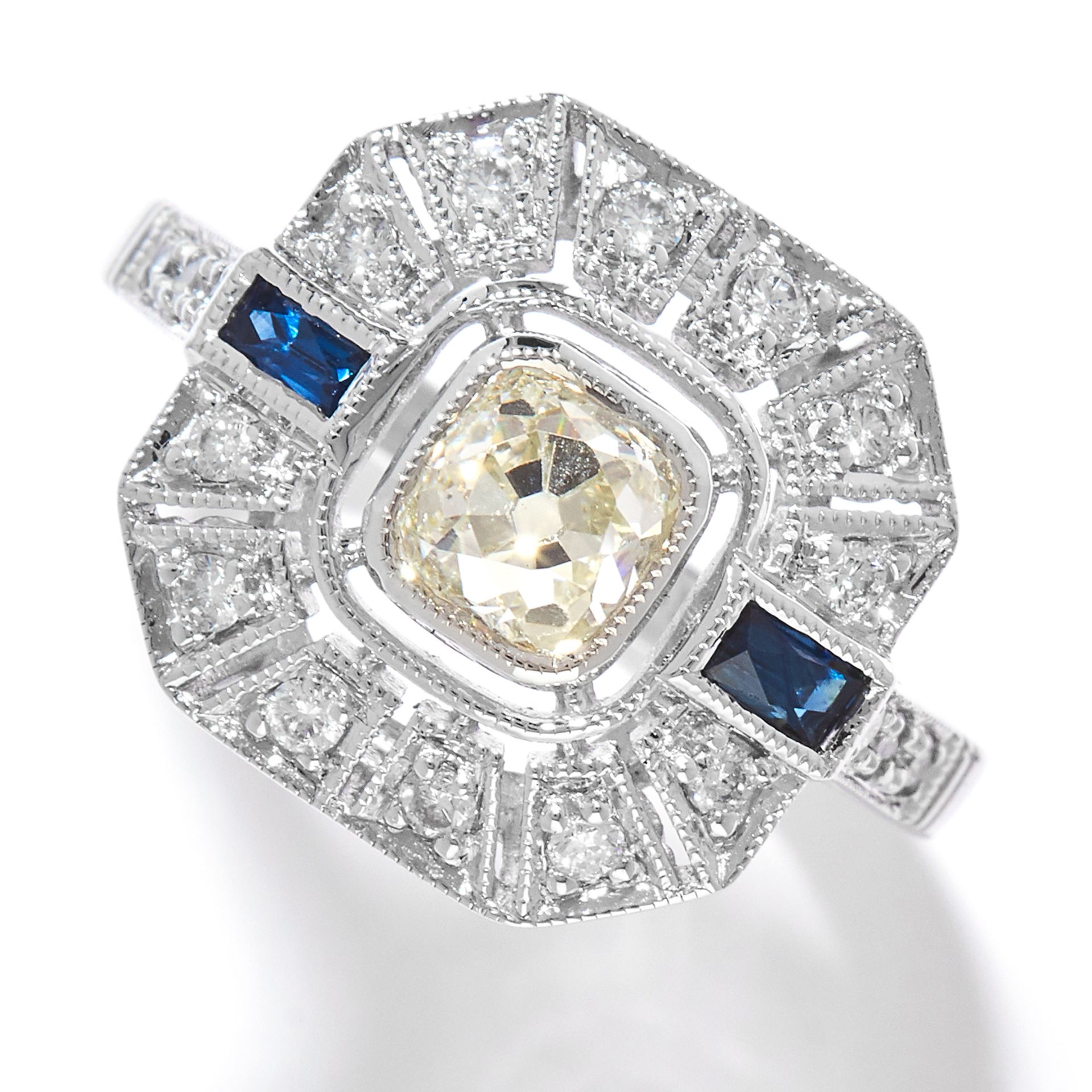 DIAMOND AND SAPPHIRE DRESS RING in 18ct white gold, in Art Deco design, set with an old cut