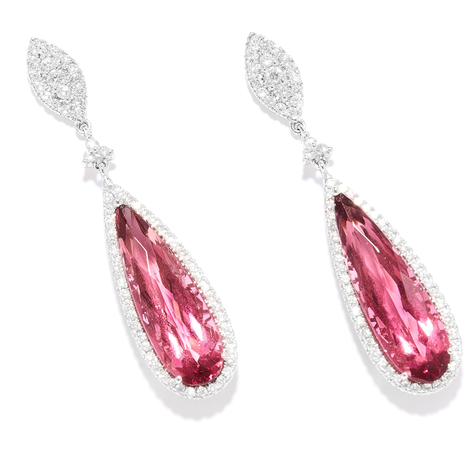 TOURMALINE AND DIAMOND DROP EARRINGS in 18ct white gold, each set with round cut diamonds suspending