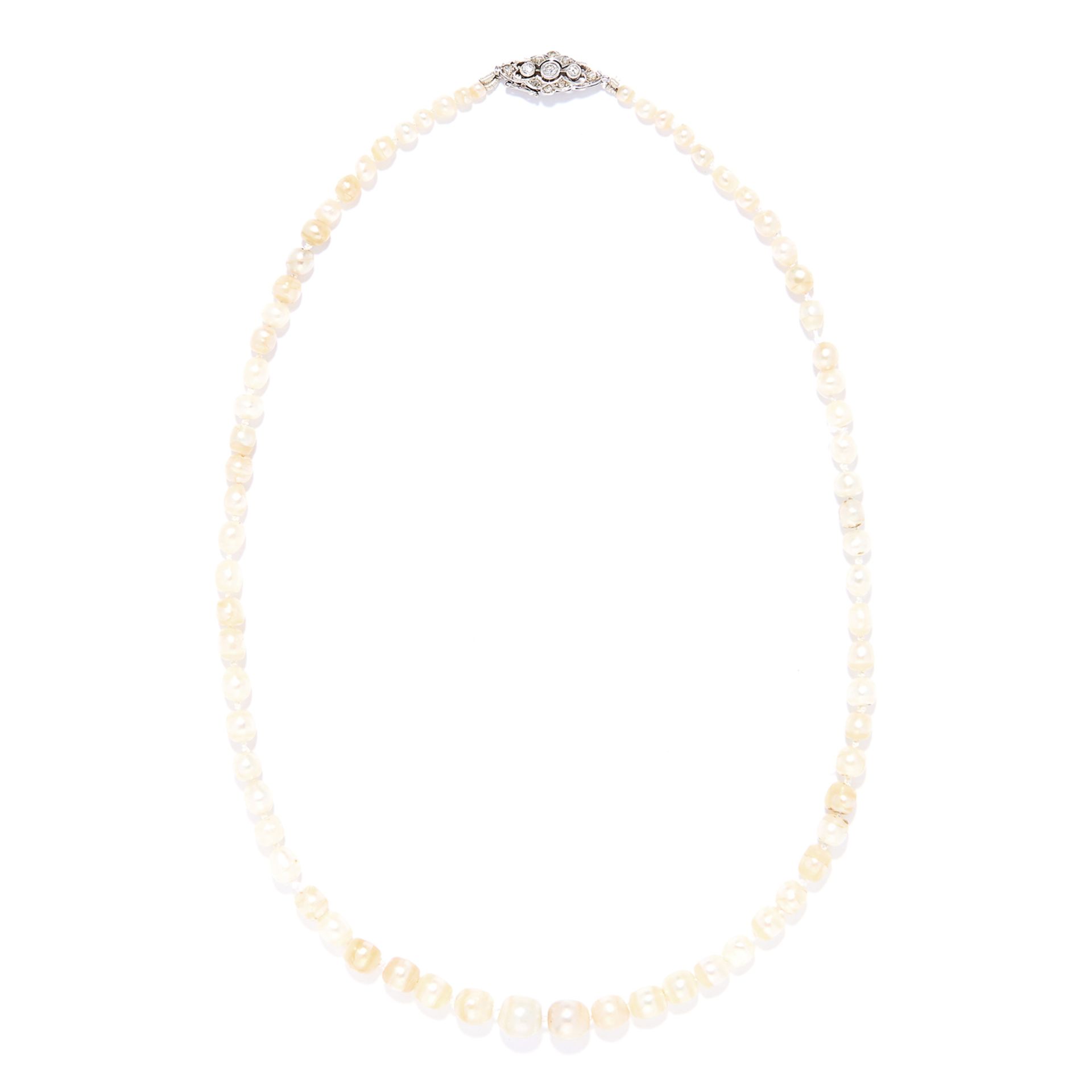 ANTIQUE NATURAL PEARL AND DIAMOND NECKLACE in platinum or white gold, comprising a single row of