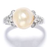 NATURAL PEARL AND DIAMOND RING, BULGARI in platinum, the 10.3mm natural pearl between scrolling