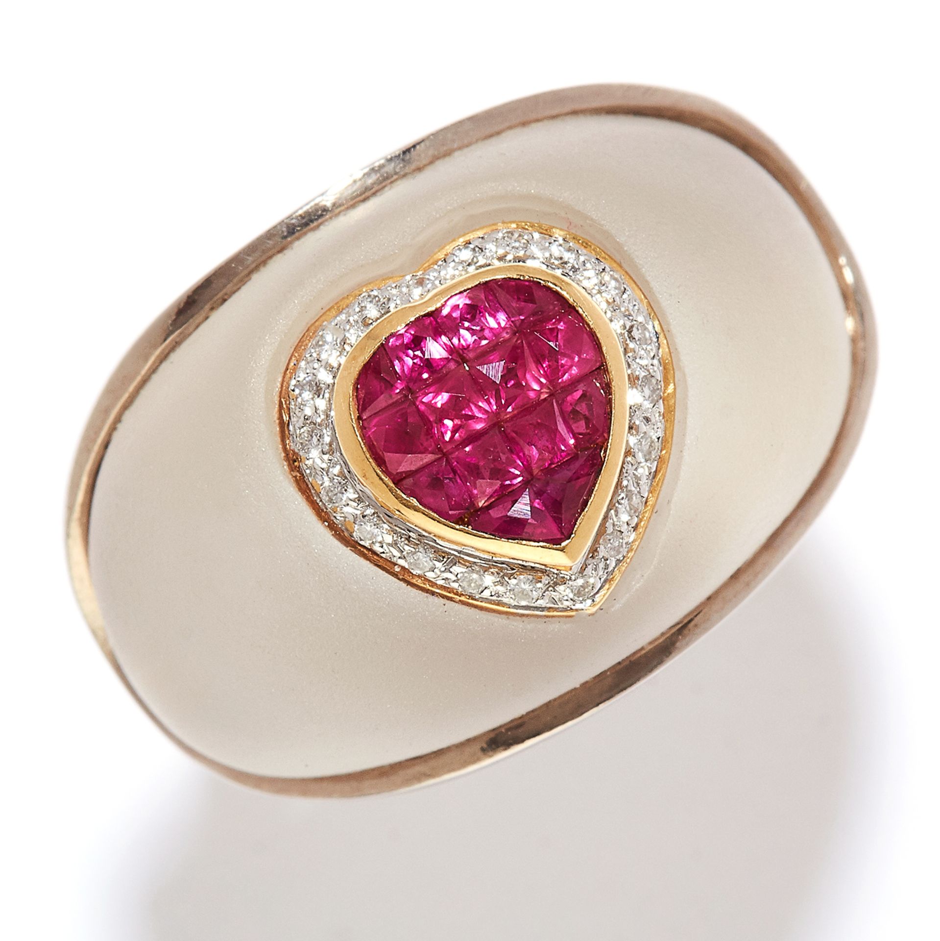 RUBY, DIAMOND AND ROCK CRYSTAL RING in 18ct yellow and white gold, bombe design, the rock crystal