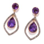 AMETHYST AND DIAMOND EARRINGS in silver and yellow gold, pear cut amethysts within diamond halos