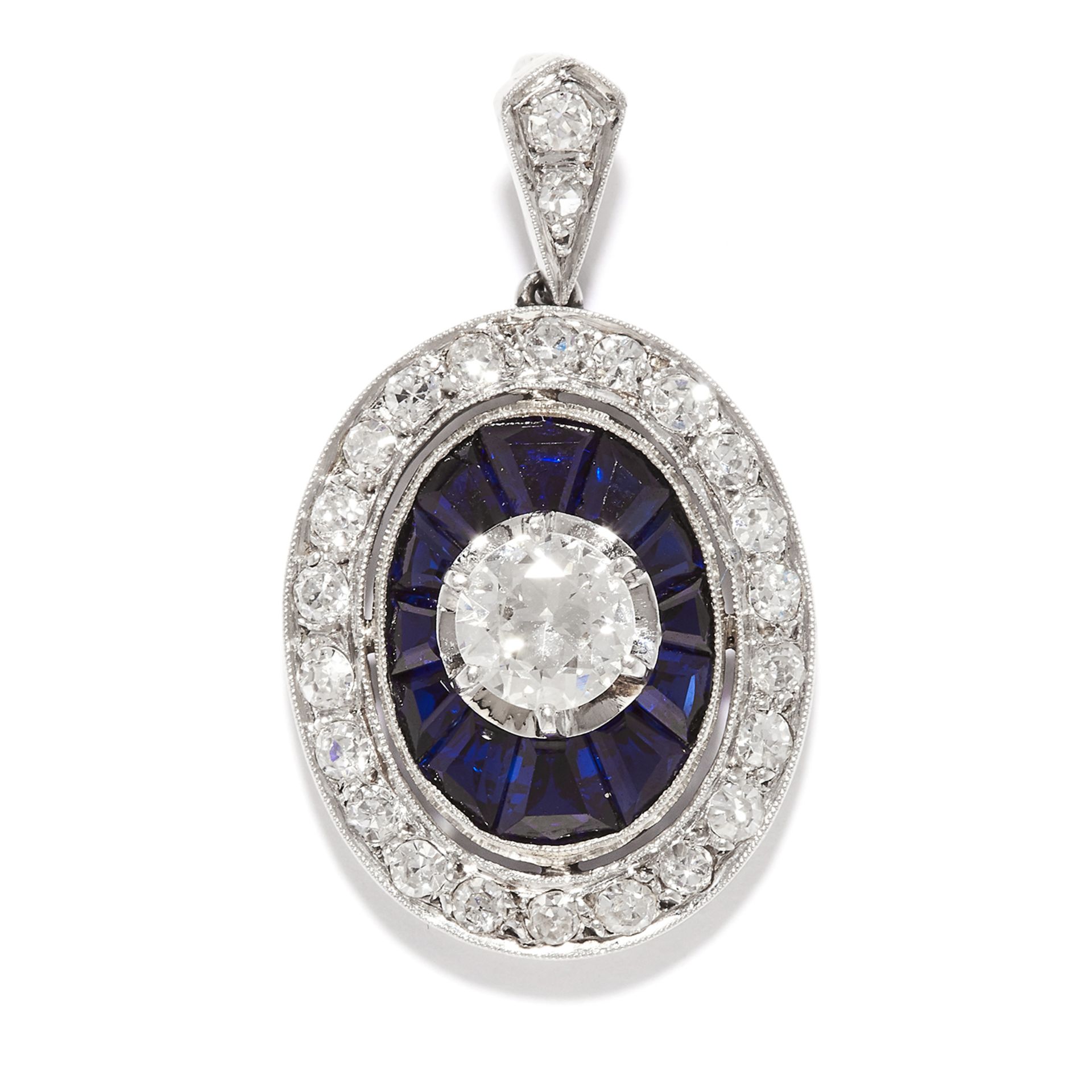 DIAMOND AND SAPPHIRE PENDANT in platinum, the central round cut diamond of 0.50 carats within