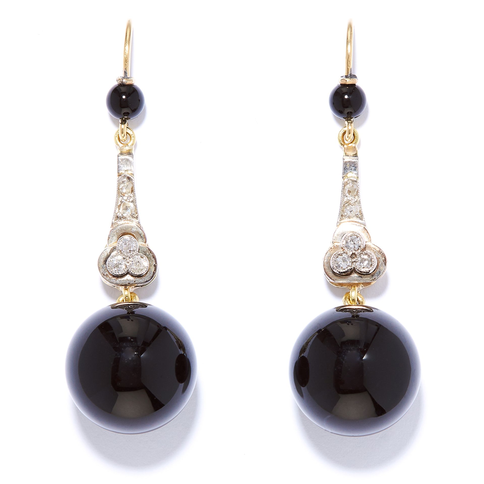 ART DECO ONYX AND DIAMOND DROP EARRINGS in high carat yellow gold and platinum, suspending