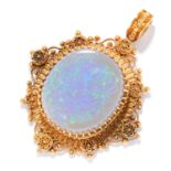 AN ANTIQUE OPAL PENDANT in high carat yellow gold, set with a cabochon opal in gold filigree border,