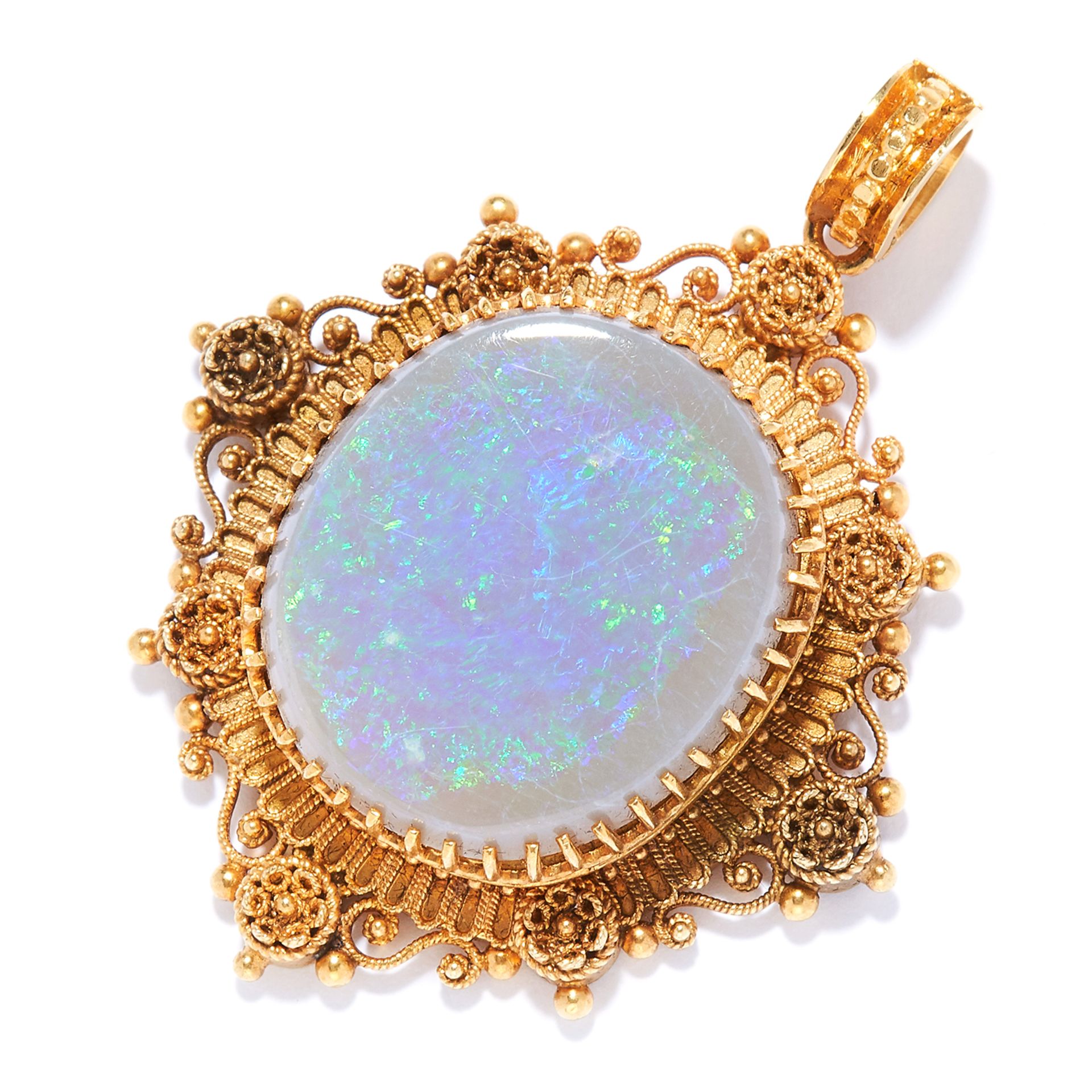 AN ANTIQUE OPAL PENDANT in high carat yellow gold, set with a cabochon opal in gold filigree border,