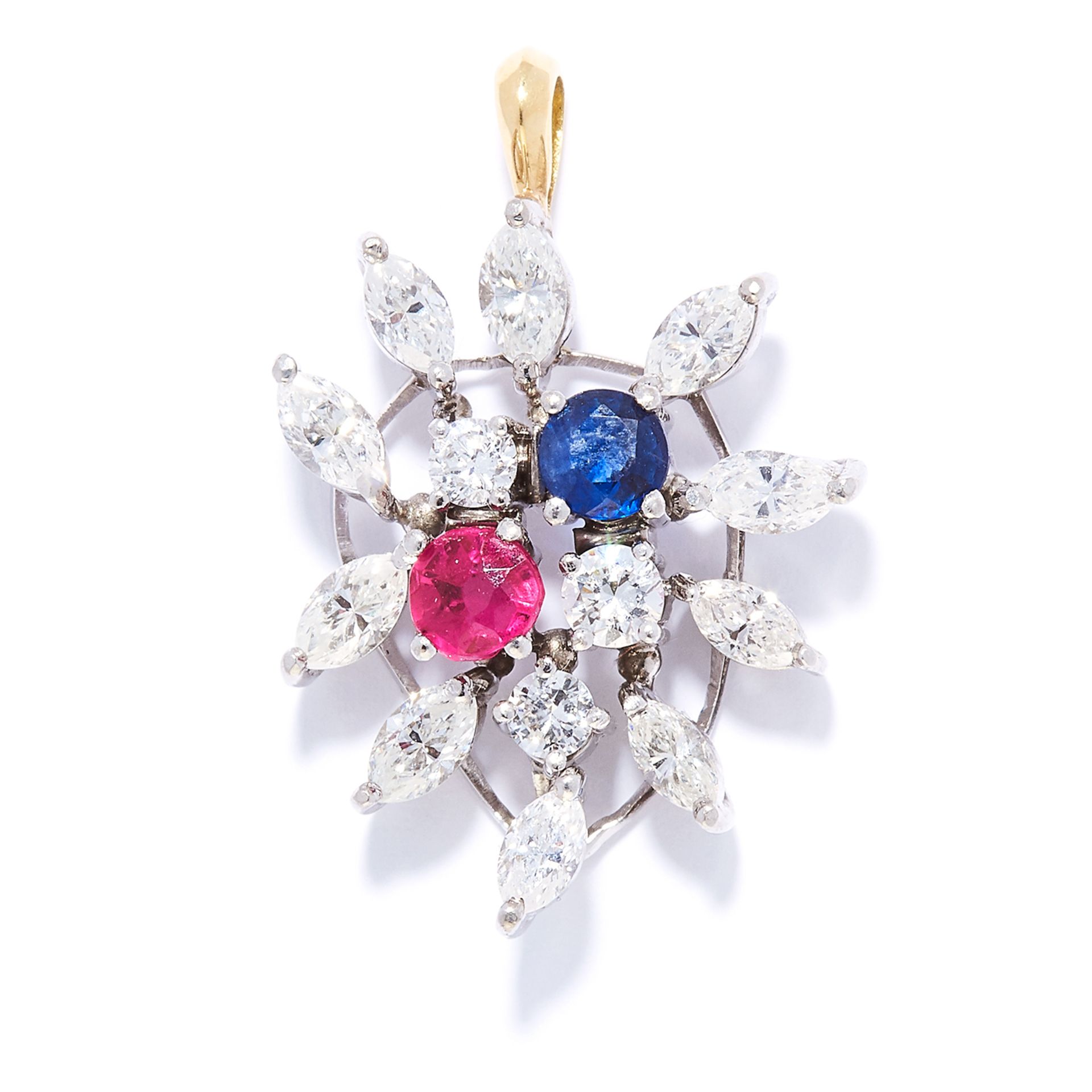 RUBY, SAPPHIRE AND DIAMOND PENDANT in 18ct white gold, set with a round cut ruby and sapphire and