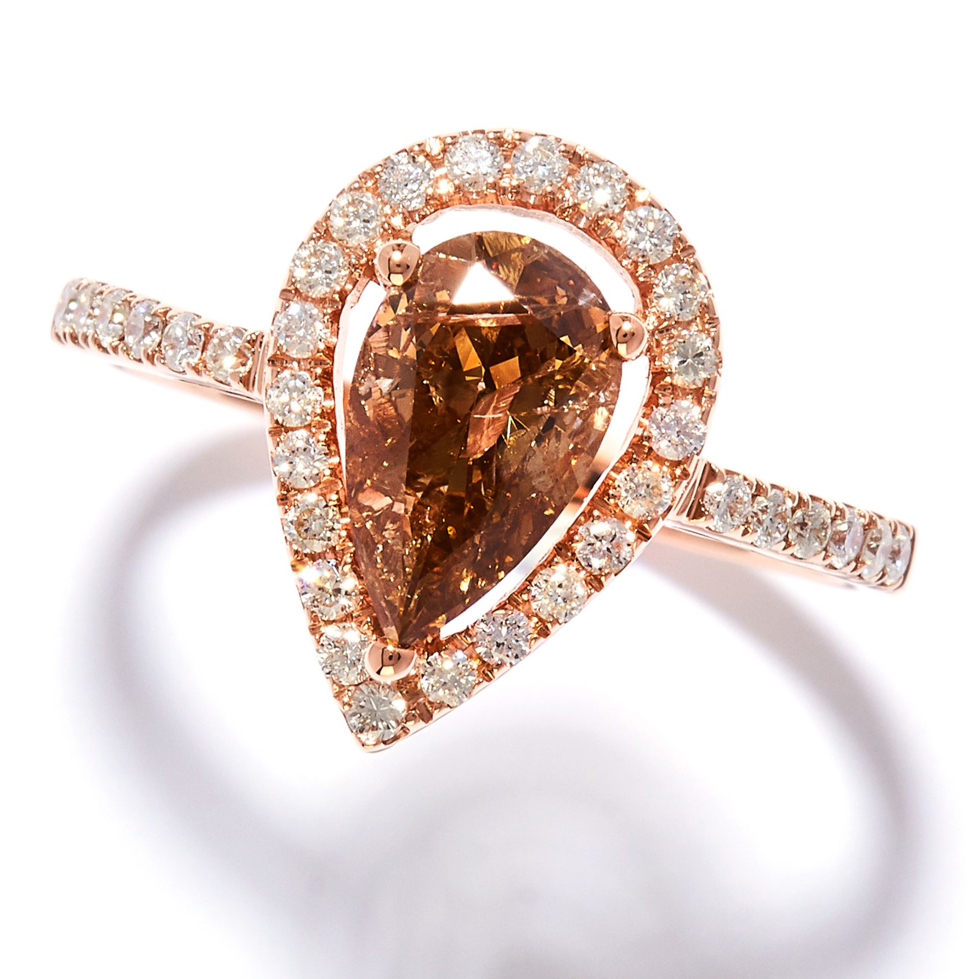 1.08 CARAT FANCY BROWN DIAMOND DRESS RING in 18ct rose gold, set with a pear cut brown diamond of