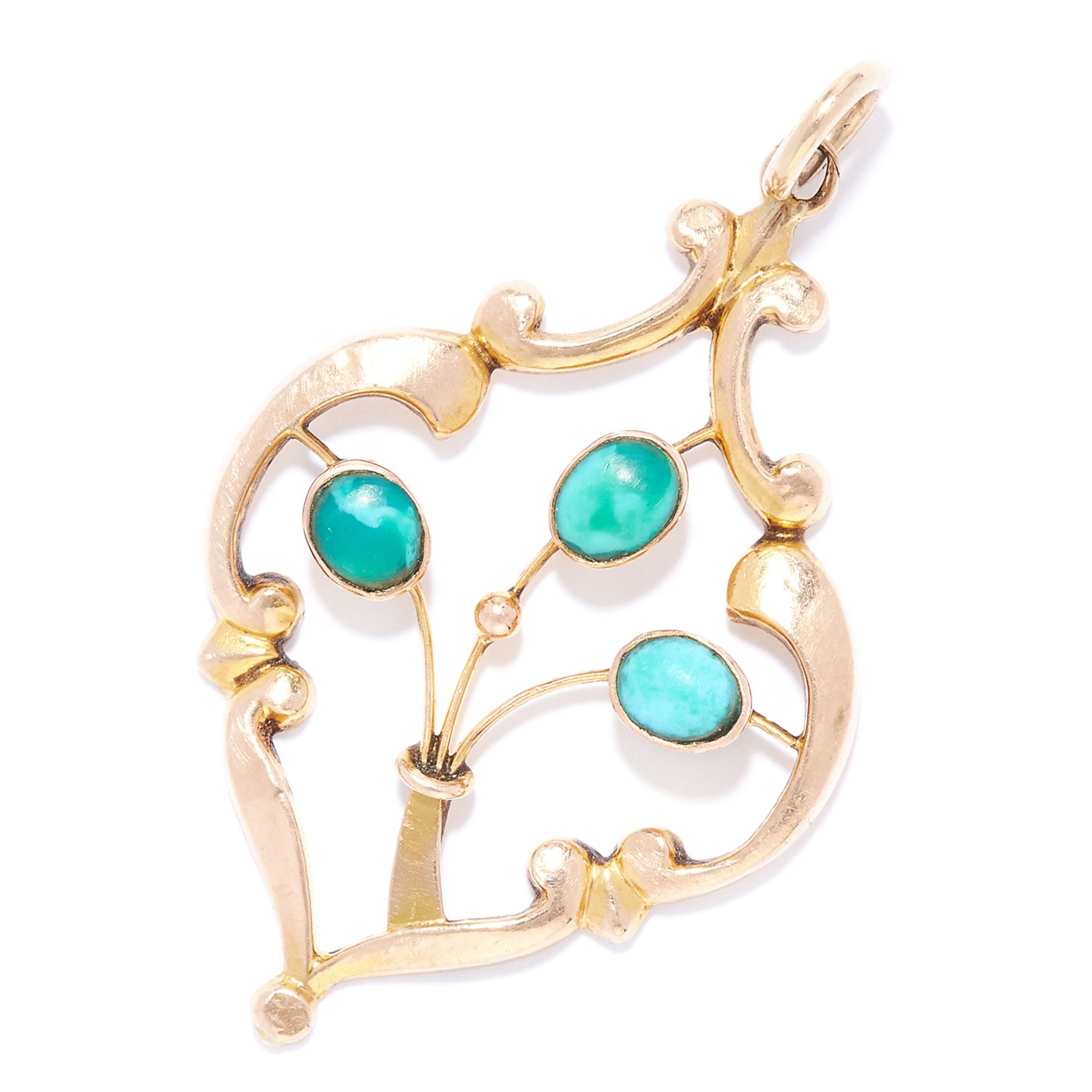 ANTIQUE TURQUOISE PENDANT in yellow gold, the scrolling design jewelled with turquoise cabochons,