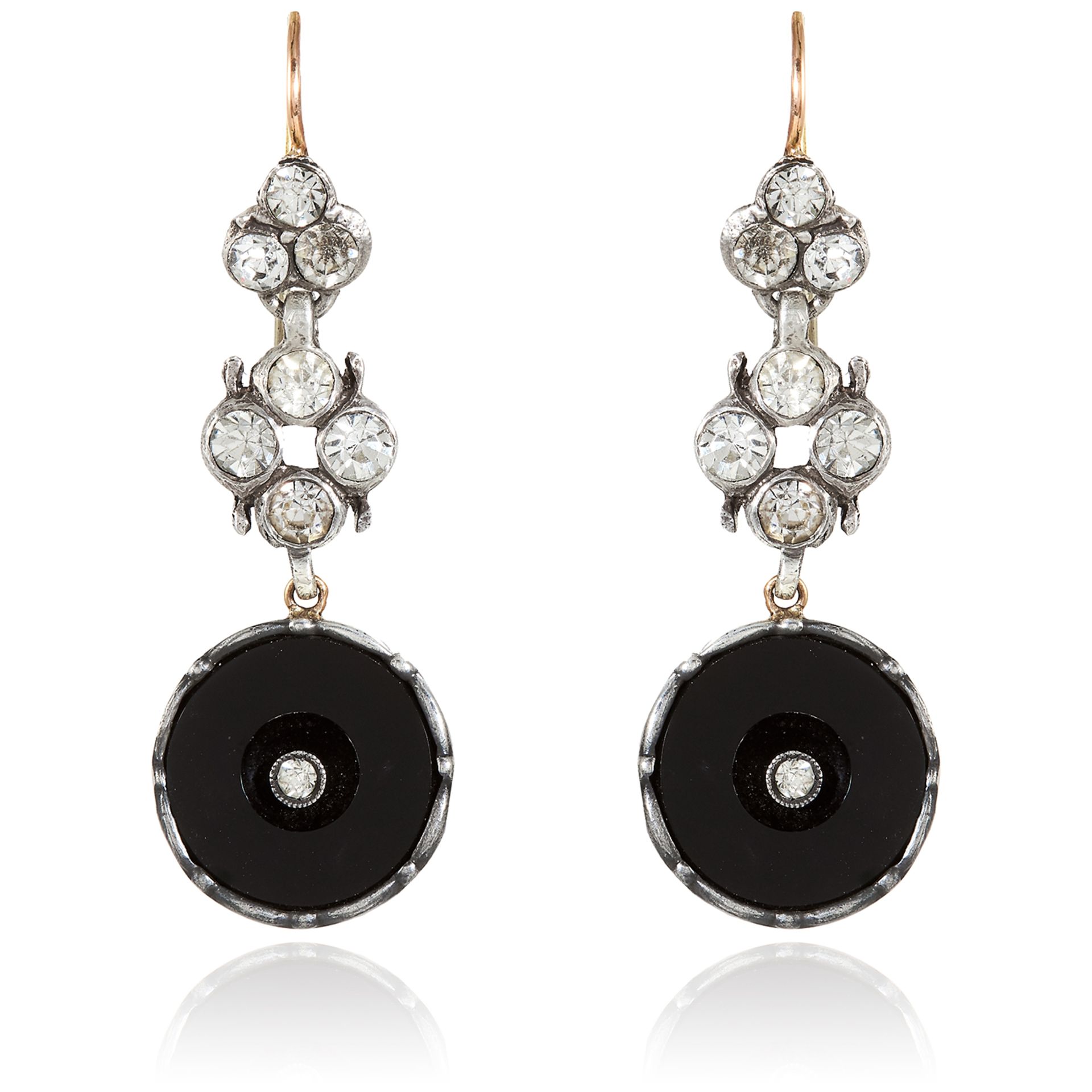 A PAIR OF JEWELLED ONYX EARRINGS in silver and gold, each suspending a circular piece of