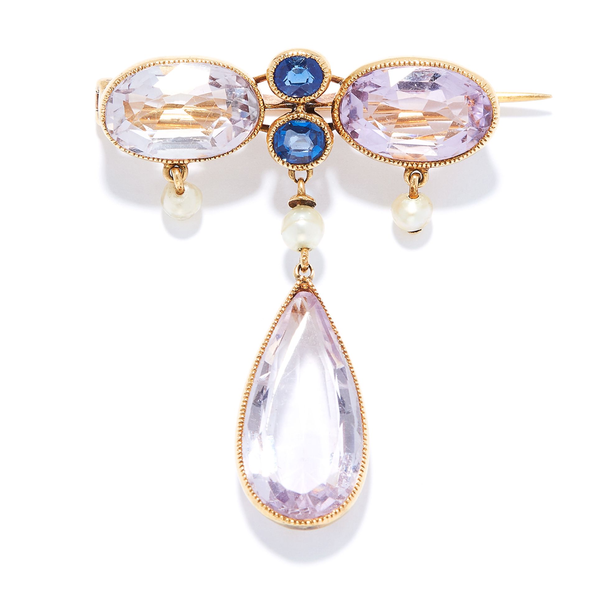 ANTIQUE PINK TOPAZ, SAPPHIRE AND PEARL BROOCH in high carat yellow gold, comprising of two oval