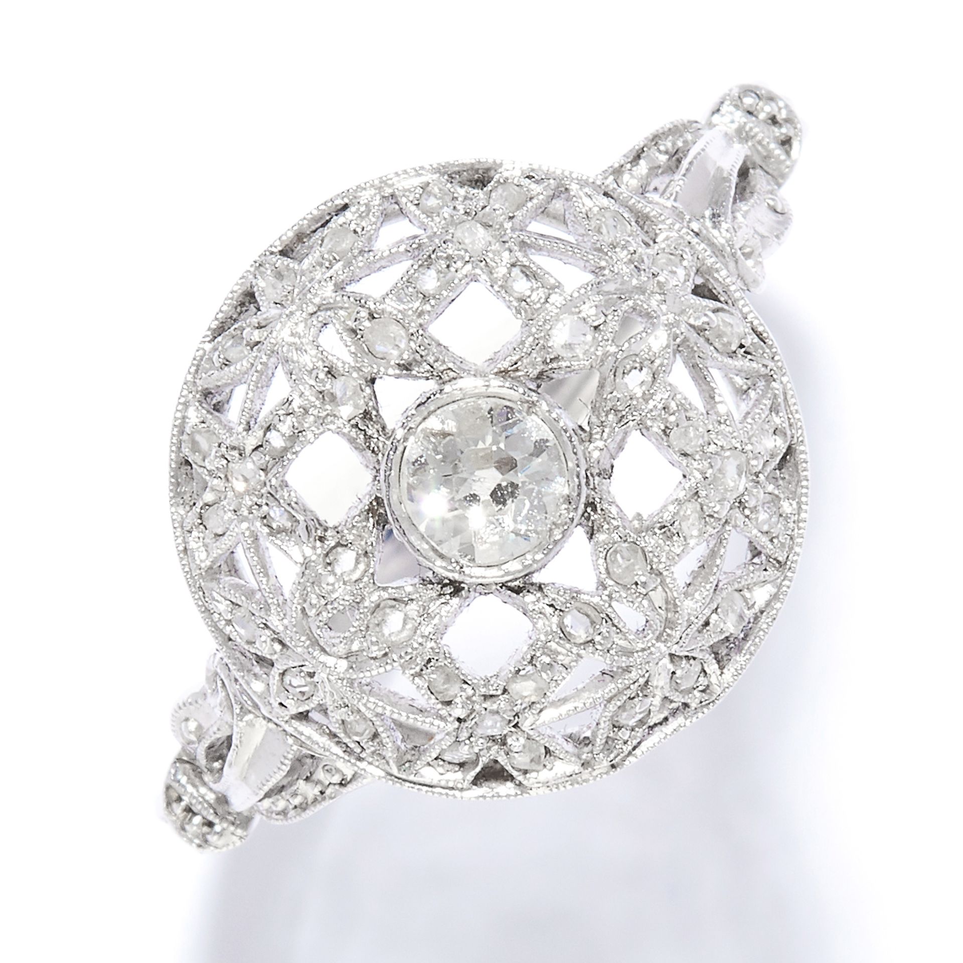 ANTIQUE DIAMOND DRESS RING in 18ct white gold, set with an old and rose cut diamonds in open
