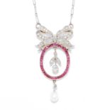 ANTIQUE RUBY, DIAMOND AND PEARL PENDANT in 18ct white gold or platinum, in ribbon and foliate