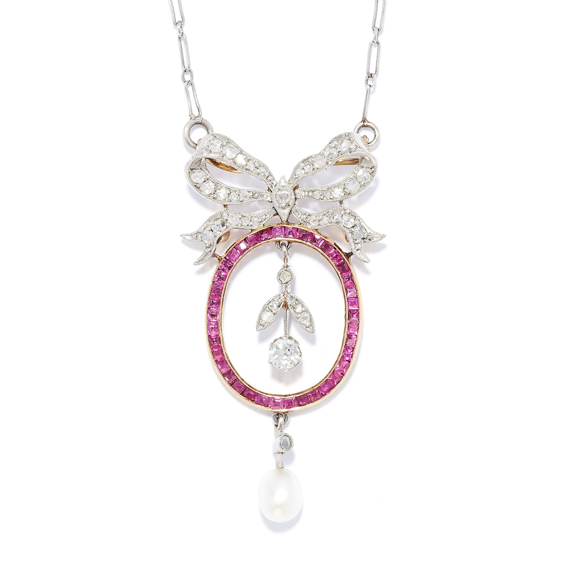 ANTIQUE RUBY, DIAMOND AND PEARL PENDANT in 18ct white gold or platinum, in ribbon and foliate