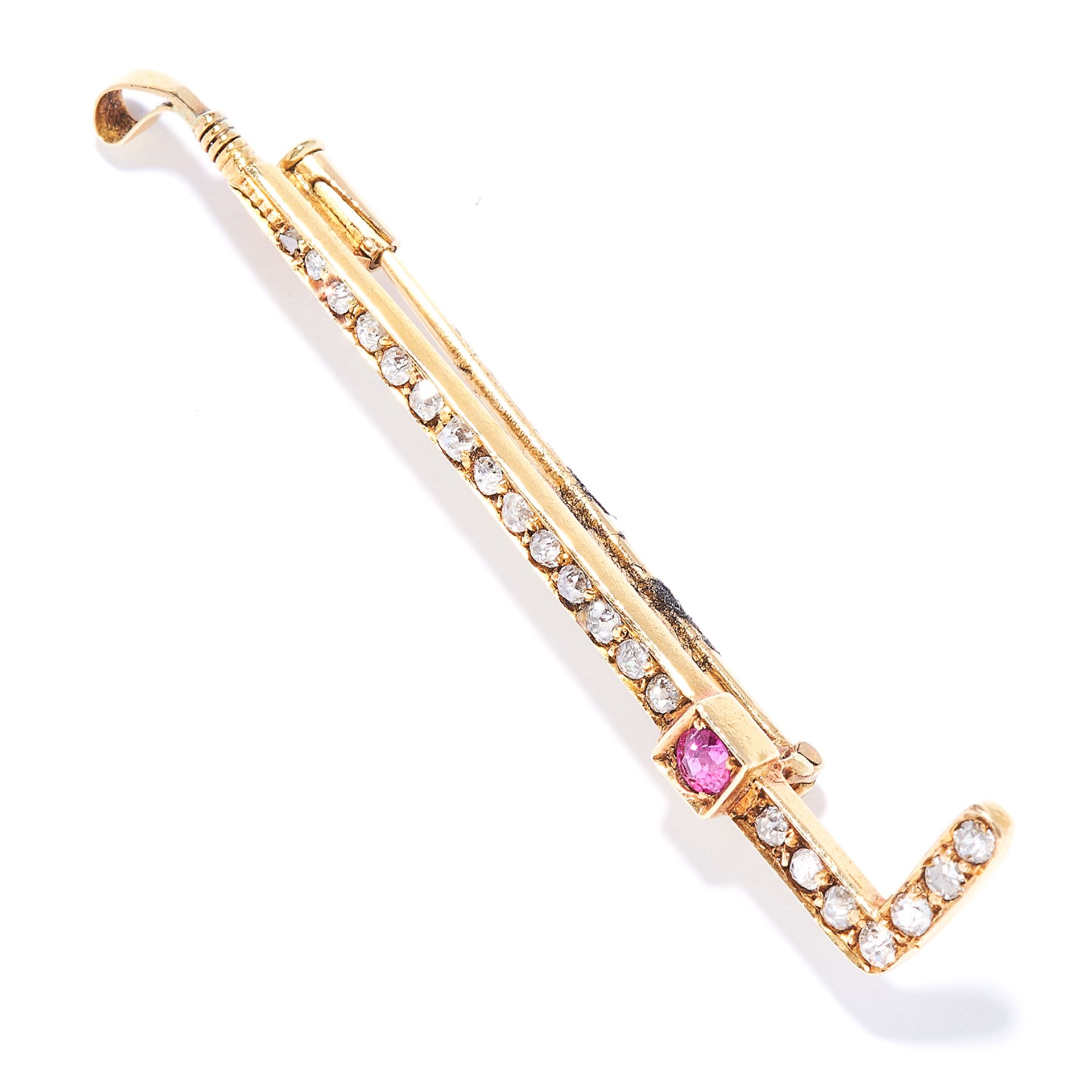 ANTIQUE NOVELTY DIAMOND AND RUBY POLO STICK BROOCH, FRENCH in high carat yellow gold, depicting a