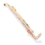 ANTIQUE NOVELTY DIAMOND AND RUBY POLO STICK BROOCH, FRENCH in high carat yellow gold, depicting a