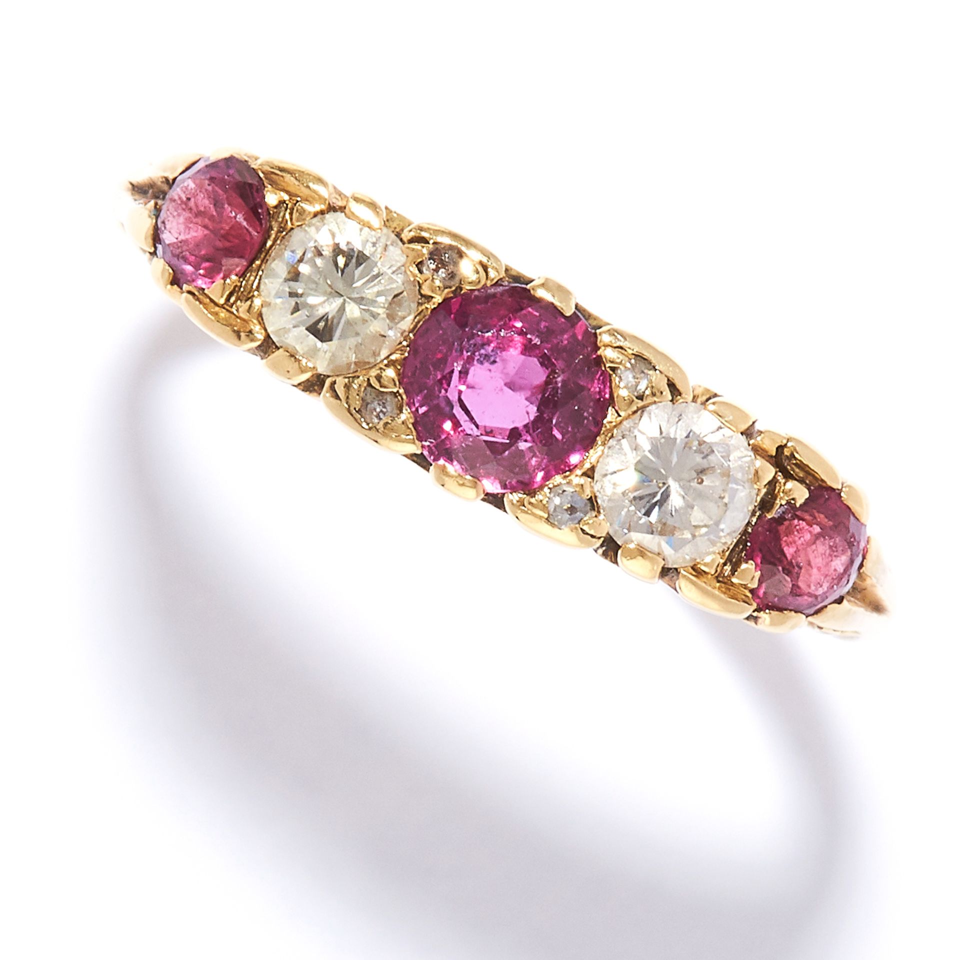 ANTIQUE RUBY AND DIAMOND FIVE STONE RING in 18ct yellow gold, set with three round cut rubies and