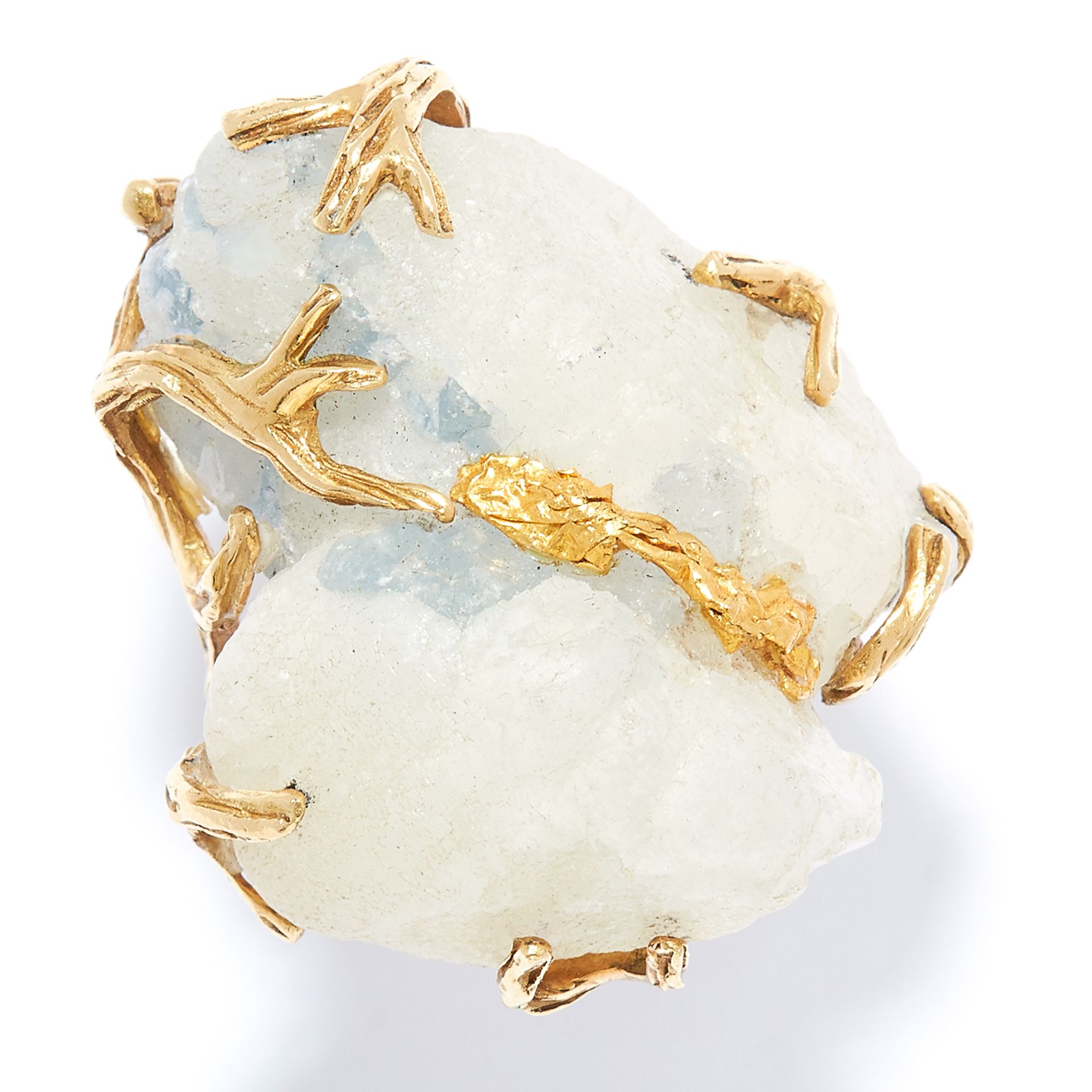 QUARTZ DRESS RING in high carat yellow gold, set with rough cut quartz in abstract gold design,