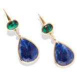 SAPPHIRE, EMERALD AND DIAMOND EARRINGS in 18ct yellow gold, articulated bodies set with rose cut