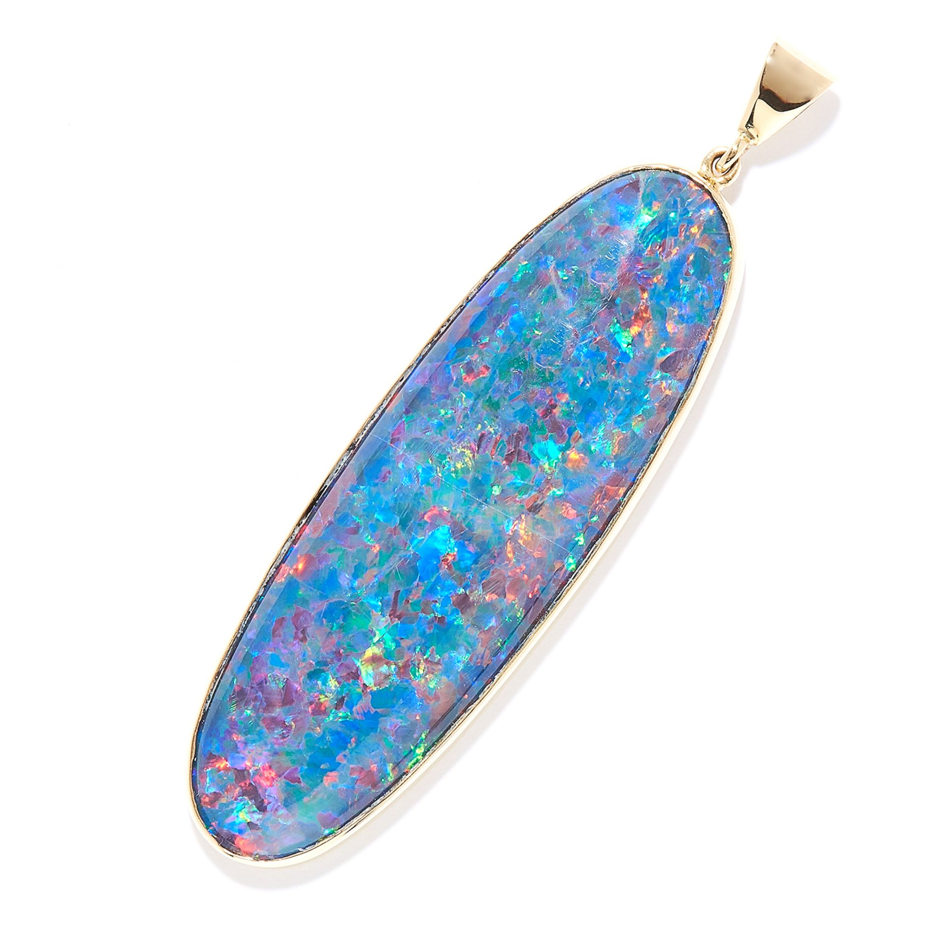 OPAL PENDANT in 18ct yellow gold, the elongated opal triplet in a plain gold collet, full British